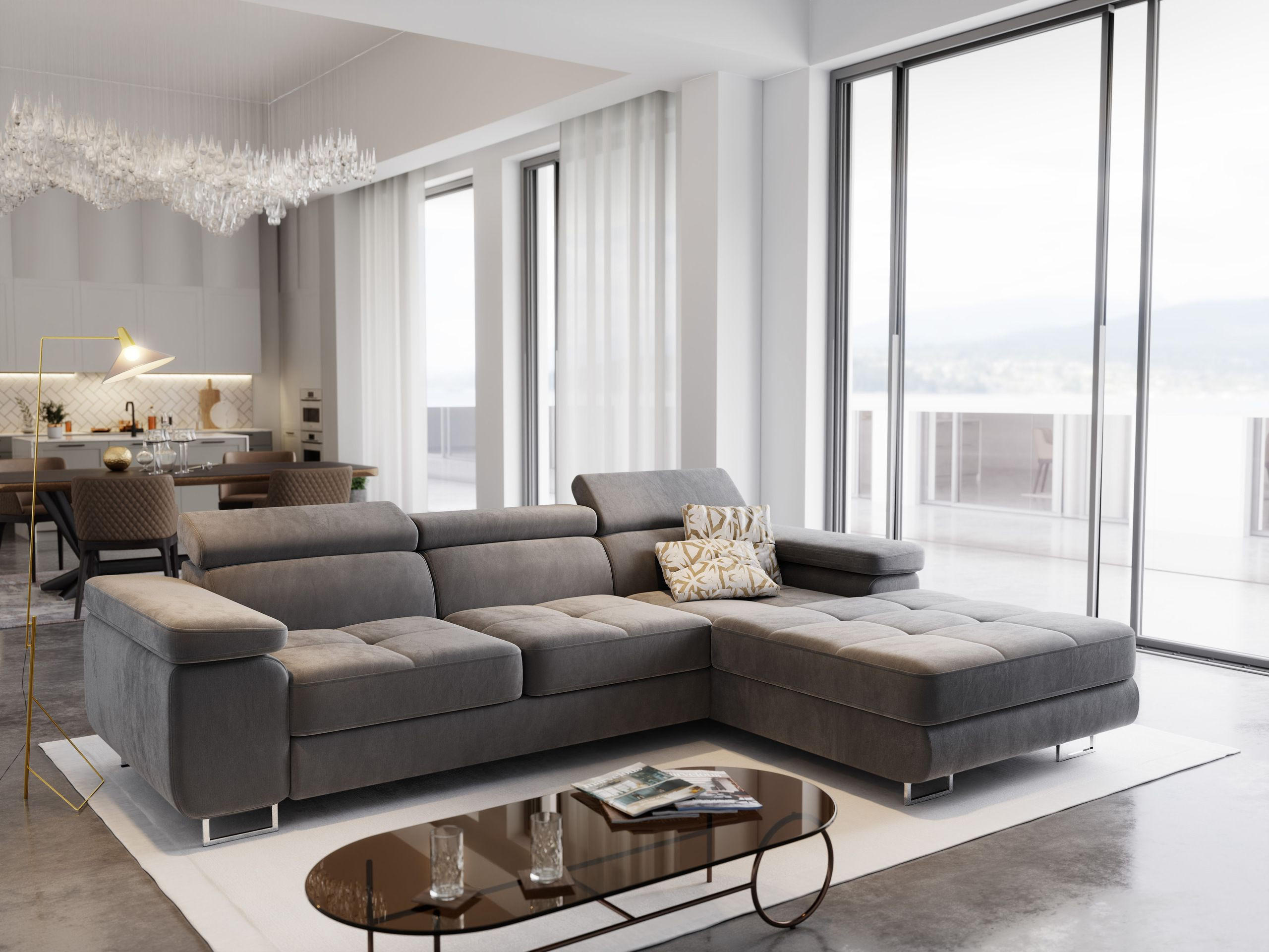 ECKSOFA ELMA R-S Grau Velours-Stoff mit Schlaffunktion - Grau, Holz (280/205cm) - MASSENO