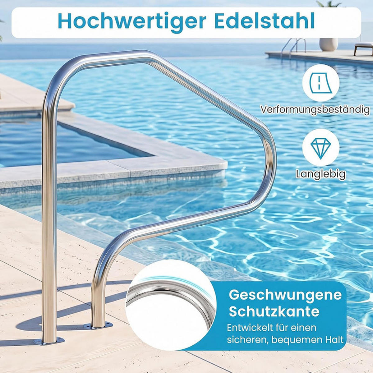 POOLHANDLAUF aus Edelstahl silber - Silberfarben, Metall (130/94/4.8cm) - COSTWAY