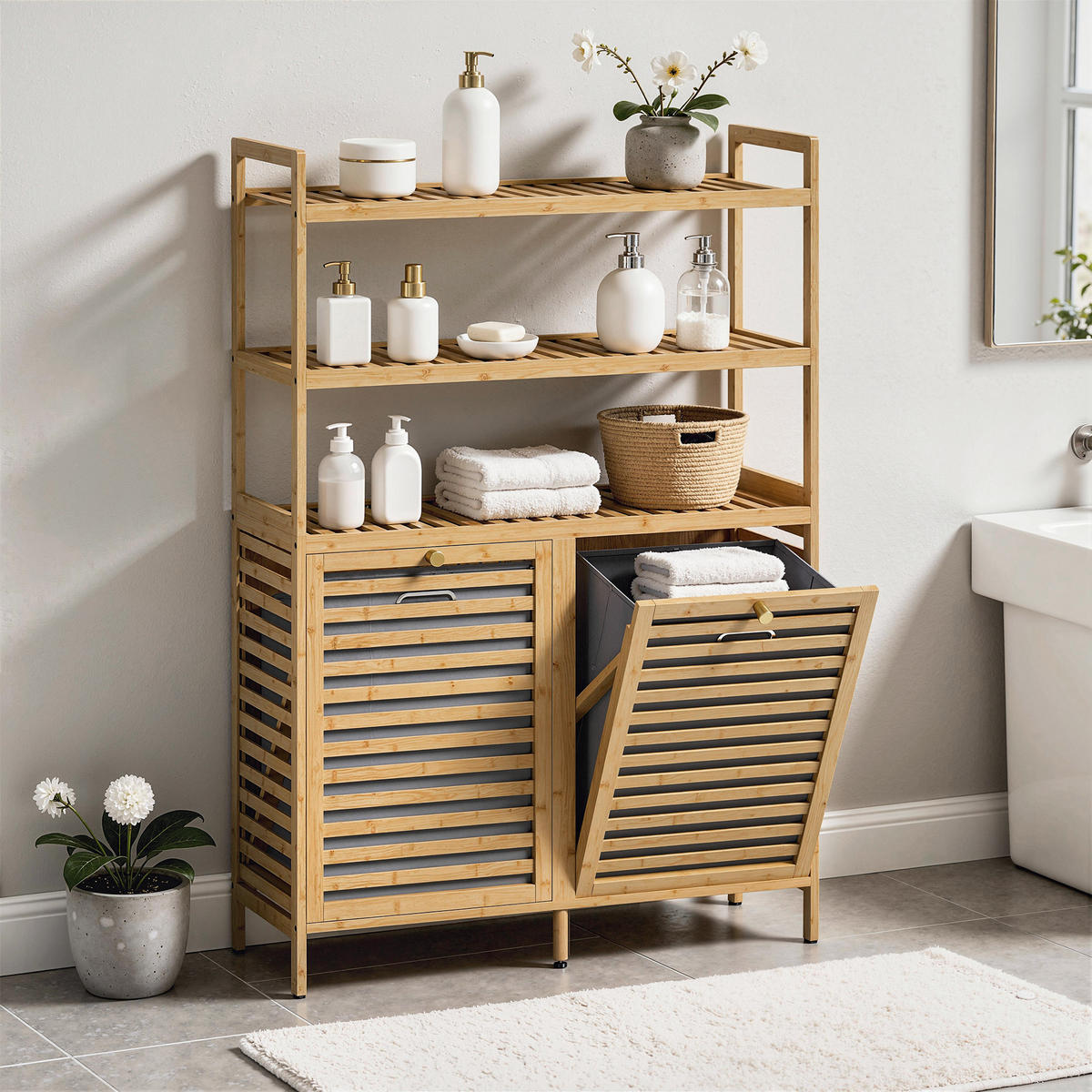 WÄSCHESCHRANK Bambus Vliesstoff Eiche - Eichefarben/Goldfarben, Naturmaterialien/Holz (30/118/80cm) - HOMCOM