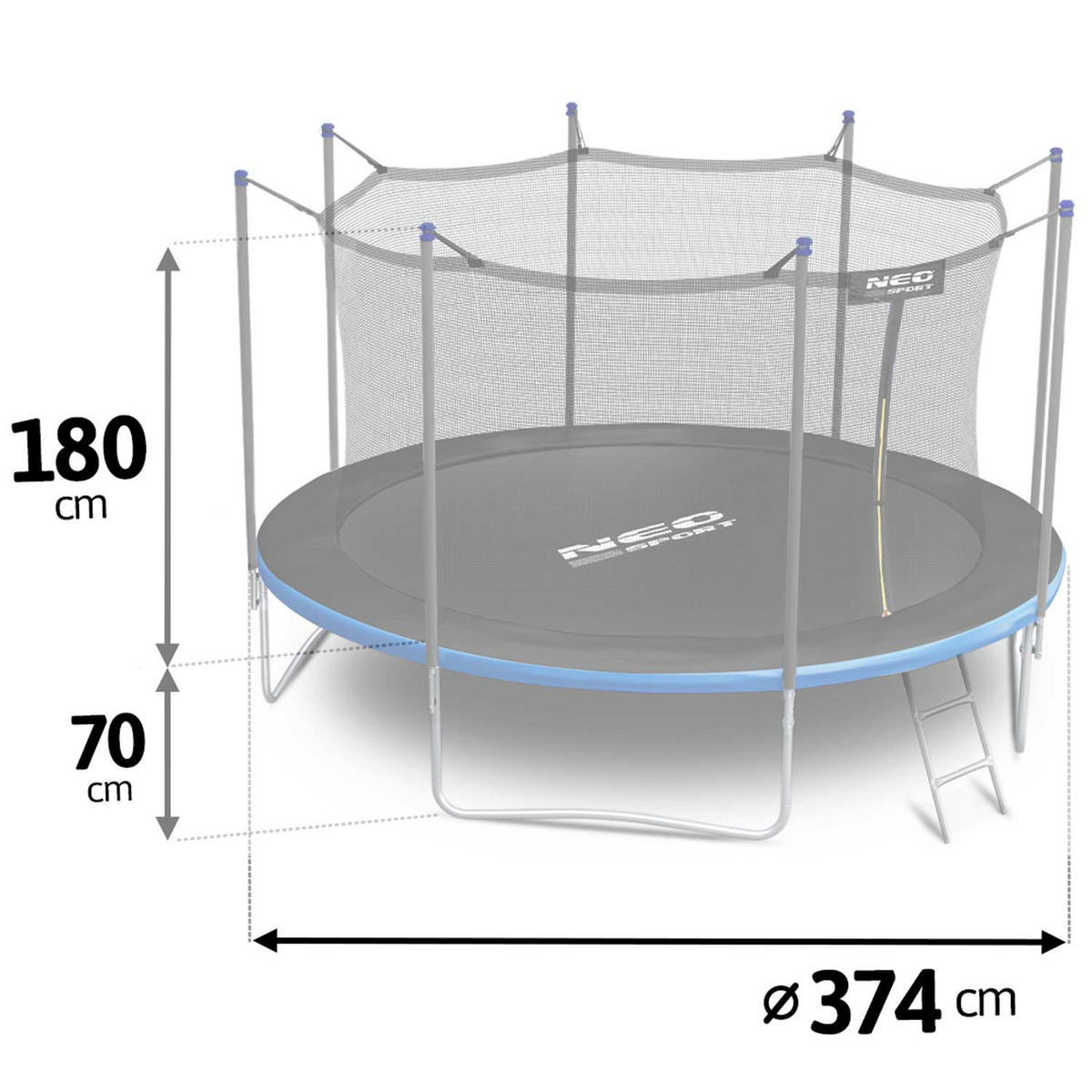 GARTENTRAMPOLIN 12 ft/374 cm mit Innennetz und Leiter - Blau, Metall (374/374cm)
