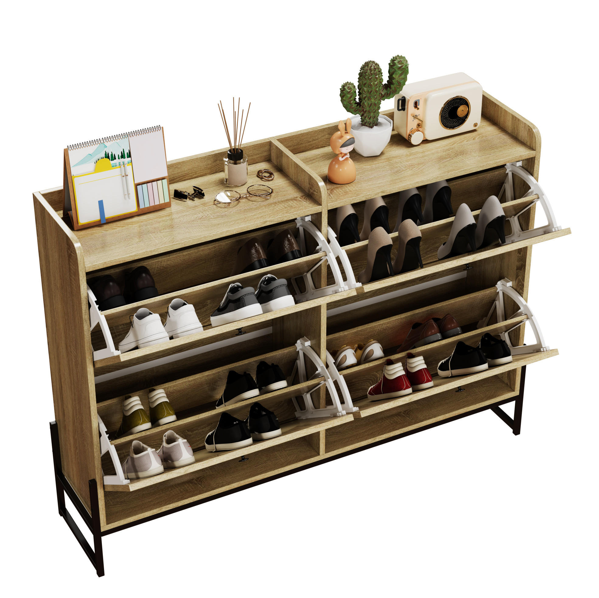 SCHUHSCHRANK 121/25/91,5 cm in Natur mit 4 Klappen und PE-Rattan - Naturfarben, Holzwerkstoff (118/91.5/25cm) - Flora Grace