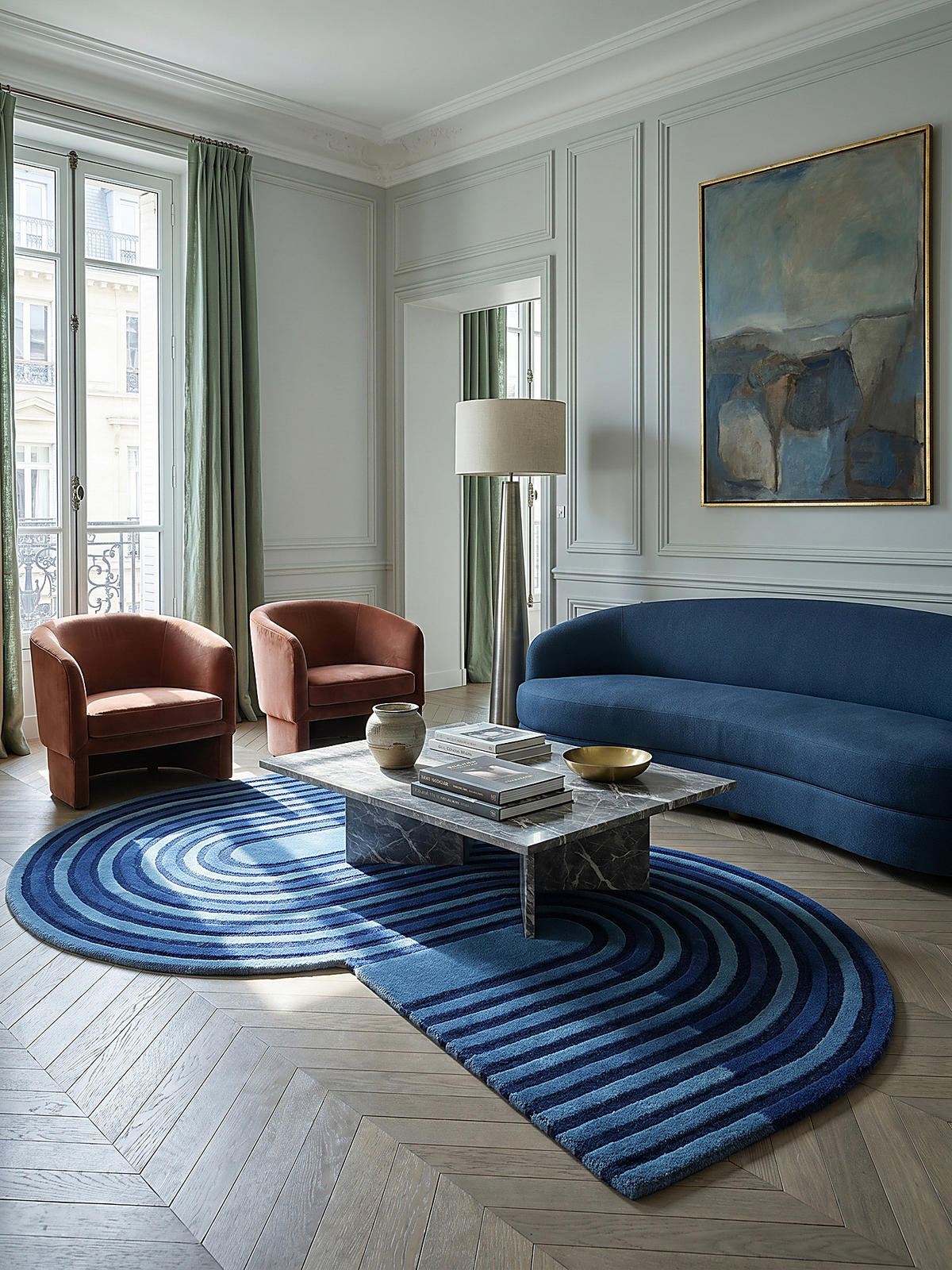 TEPPICH handgetuftet aus Wolle mit geometrischem S-förmigem Design und Hoch-Niedrig Flor Blau Shaped 150x240 - Blau, Textil (240/150cm) - KADIMA DESIGN