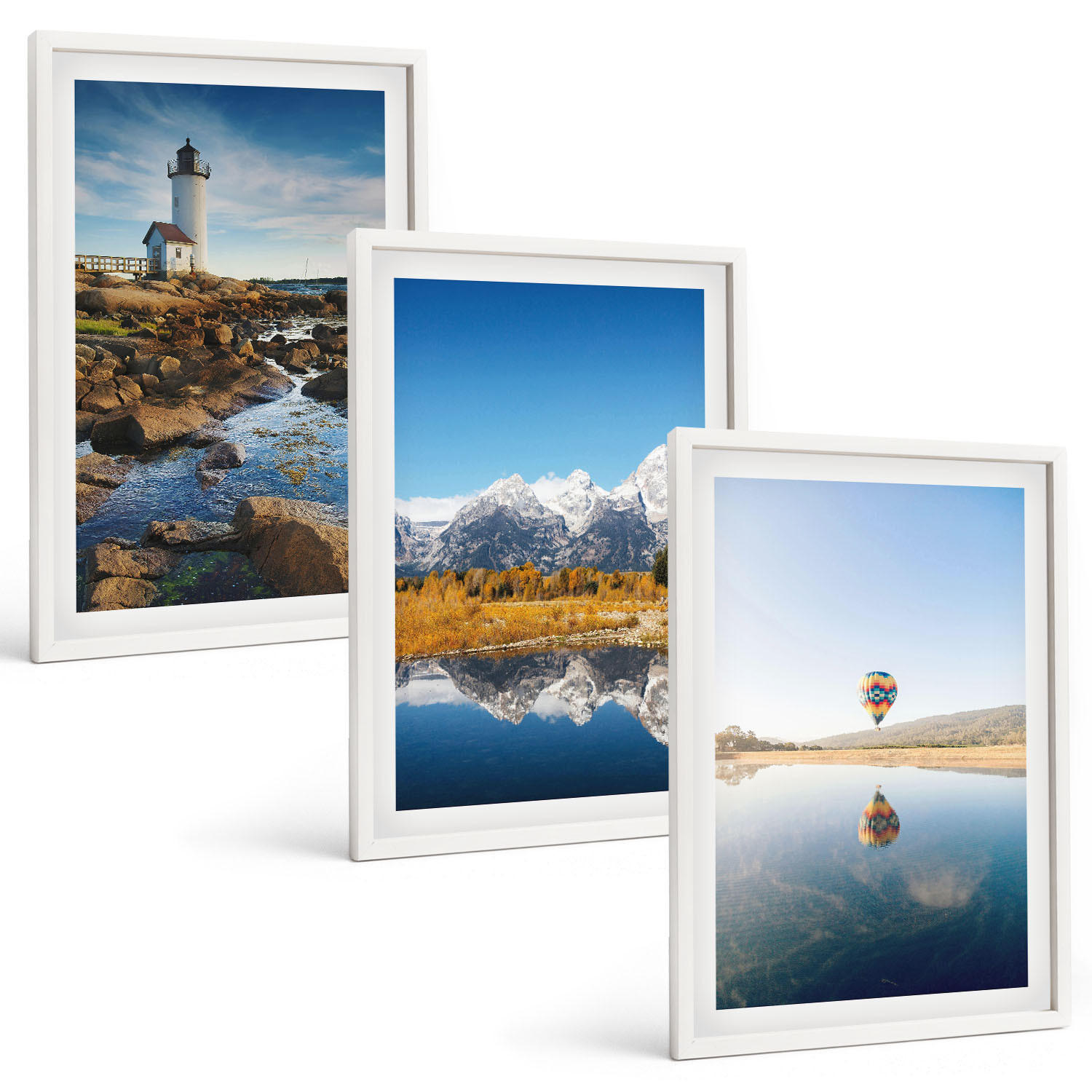 BILDER SET 3er Set - 40x60 cm Weißer Rahmen - Naturansichten, Leuchtturm, Berge, Ballonfahrt - Weiß, Kunststoff (40/60cm) - TULUP