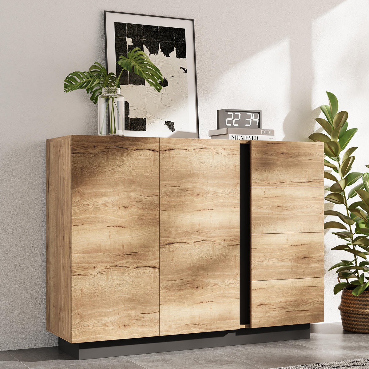 KOMMODE Sideboard 2 Türen Schwarz Natur 110x35.5x90.5cm - Multicolor, Holzwerkstoff (35.5/90.5/110cm) - FLIEKS