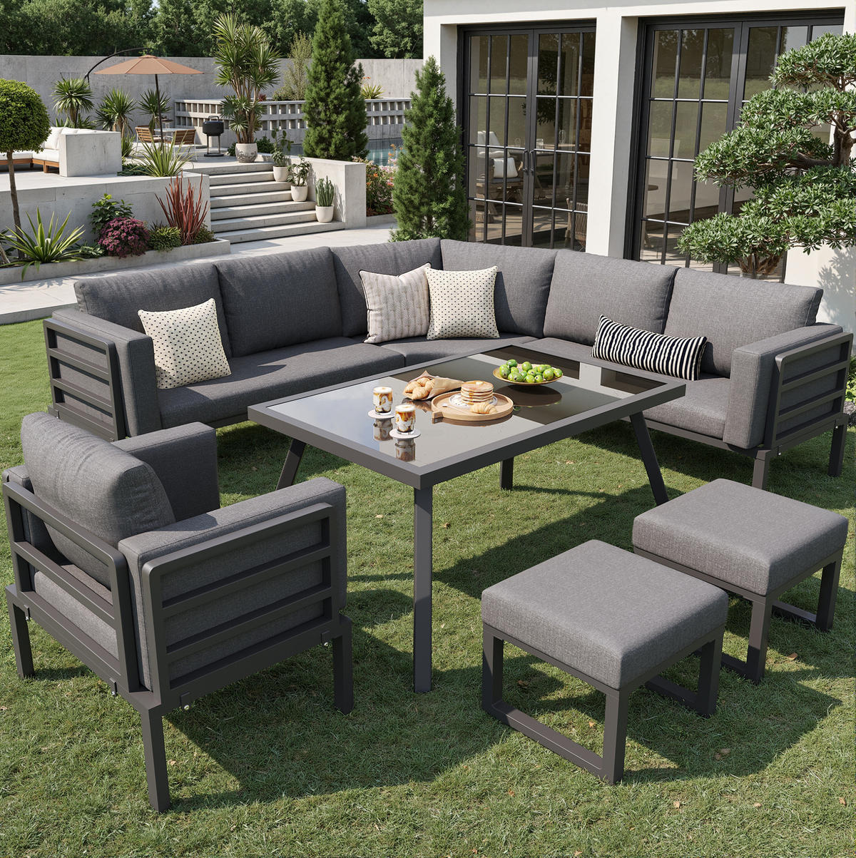 GARTENLOUNGE 114/67/77 cm grau aus Eisen mit Glastisch und 8 cm Polstern - Grau, Metall - OKWISH