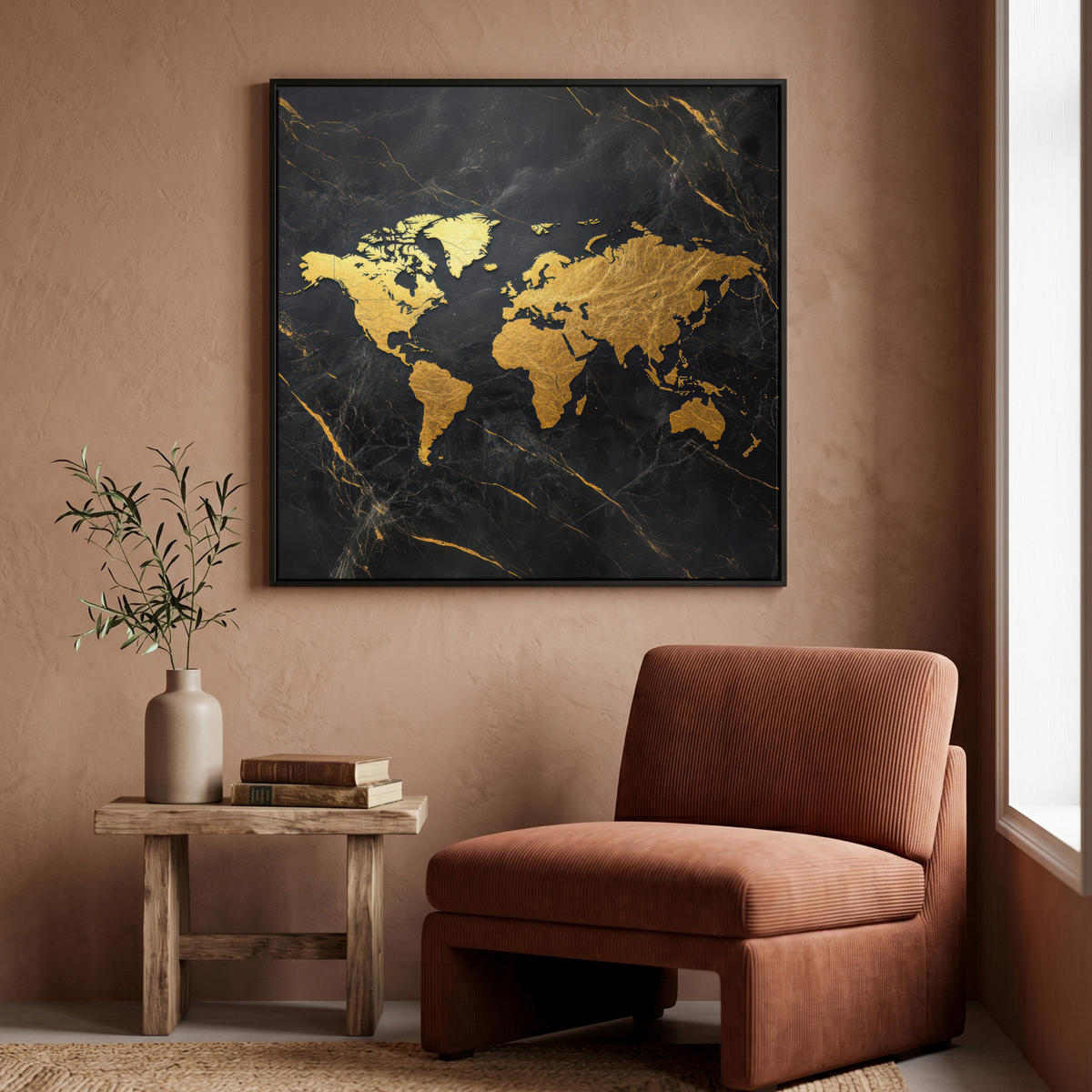 LEINWAND Bilder mit Rahmen - Weltkarte - Gold - Marmor - 90x90 - Goldfarben, Textil (90/90cm) - MuchoWow