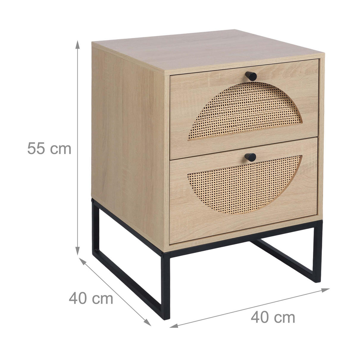 NOČNÍ STOLEK přírodní černá ratan 2 zásuvky - světle hnědá, kov/kompozitní dřevo (40/55/40cm) - Relaxdays
