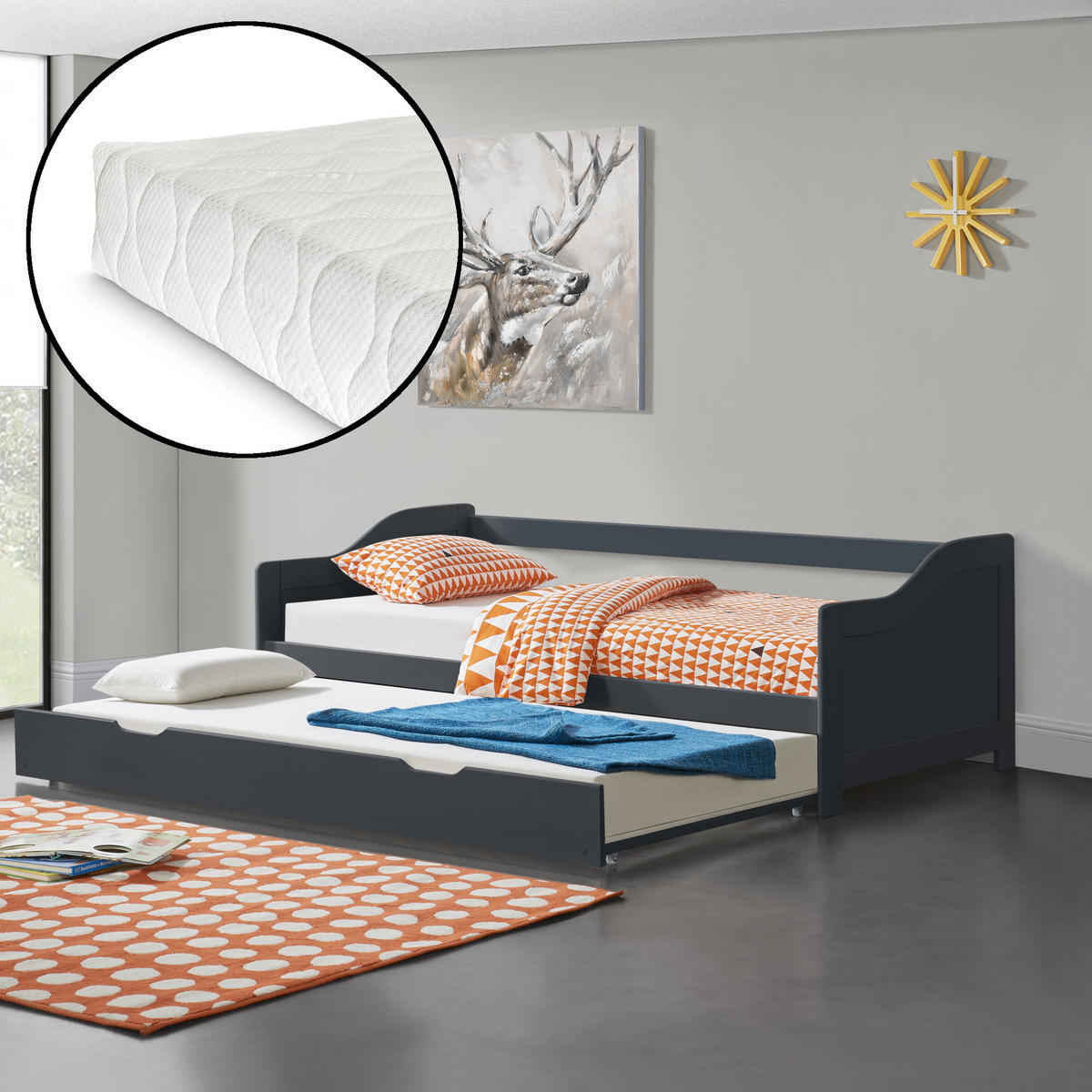 SOFABETT mit Matratze - Dunkelgrau, Holz/Textil (90/200cm) - [en.casa]