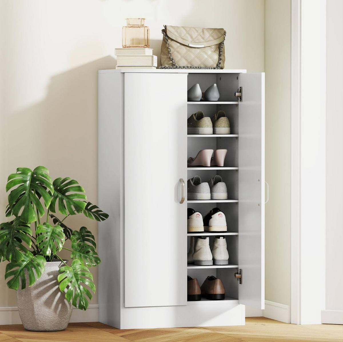 SCHUHSCHRANK 55/35/108 cm in Weiß mit verstellbaren Regalen und Soft-Close - Weiß, Holz (55/108/35cm) - Flora Grace