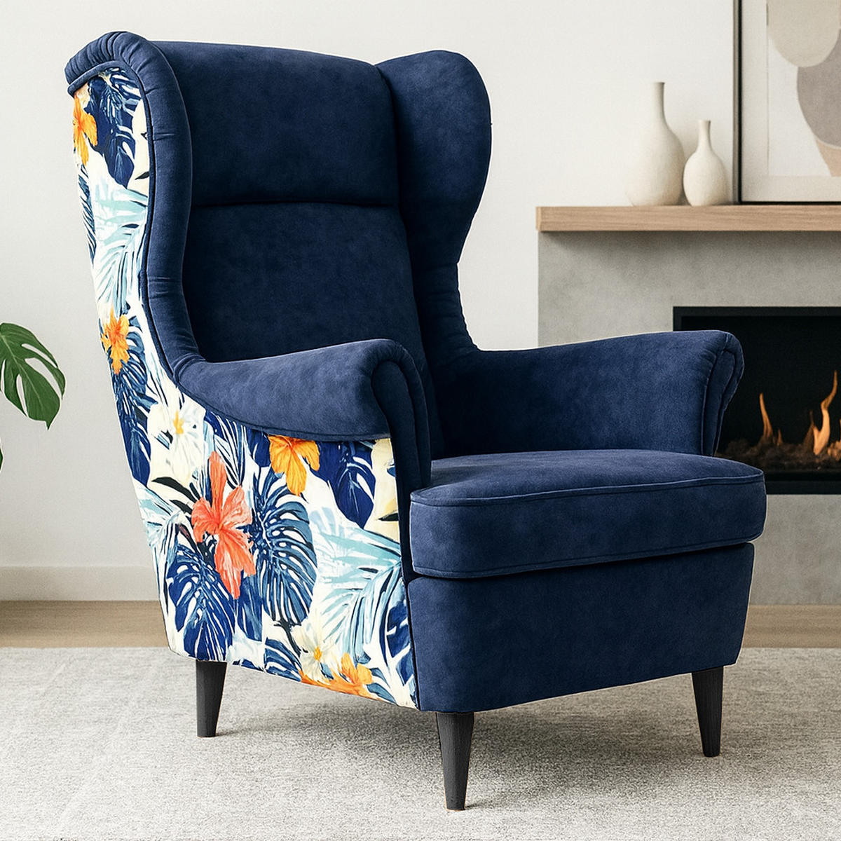 OHRENSESSEL Havana im skandinavischen Stil, Dunkelblau, mit Beinen in Wengefarbe - Wengefarben/Dunkelblau, Holzwerkstoff (82/102/92cm) - Beautysofa