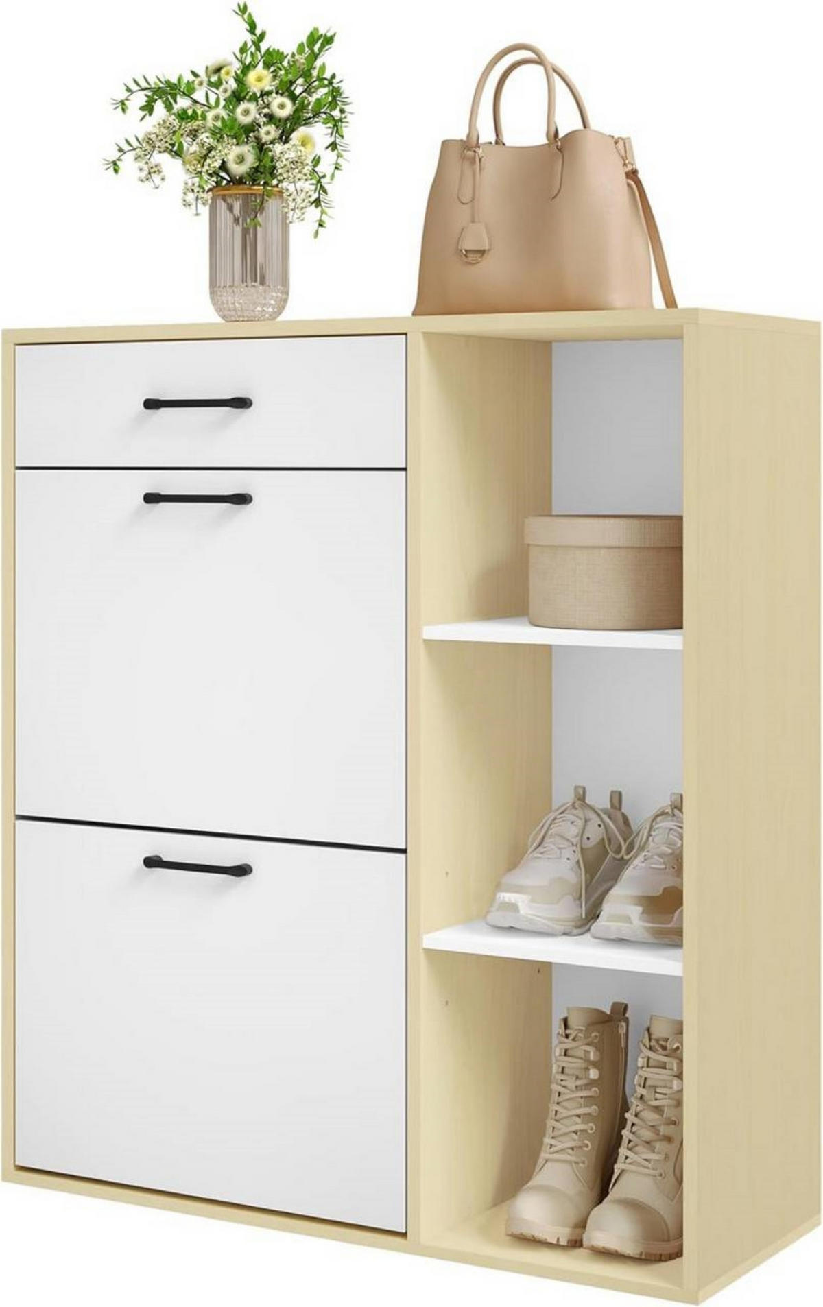 SCHUHSCHRANK mit 2 Klappfächern, Weiß+Naturholzfarbe - Weiß/Naturfarben, Holzwerkstoff/Kunststoff (80/90/30cm) - Woltu