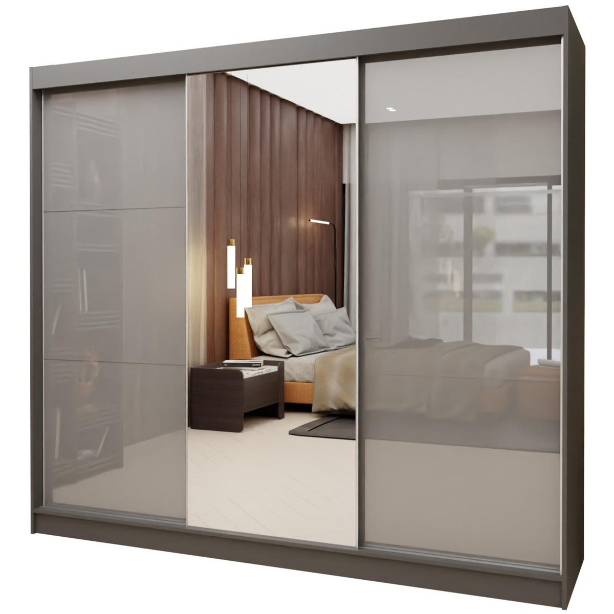 SCHWEBETÜRENSCHRANK VITALE 240/216/61 cm 3-türig mit Spiegel Grau - Grau, Holzwerkstoff (240/216/61cm) - MASSENO