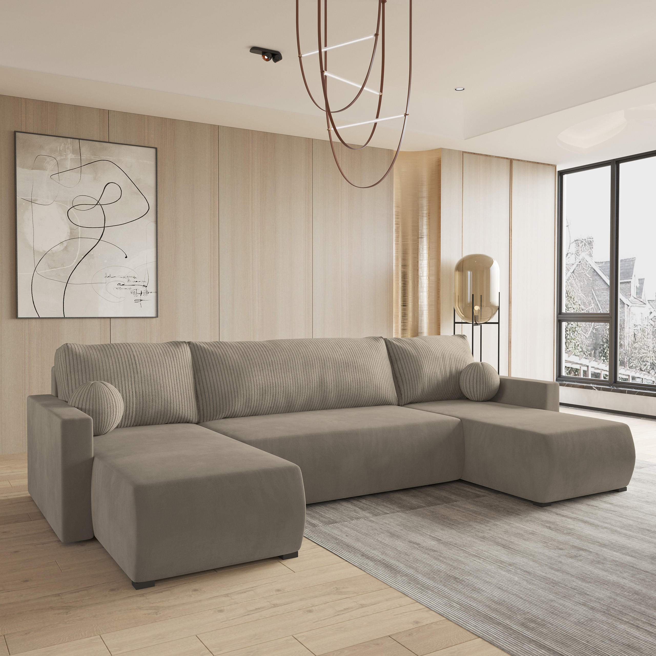 WOHNLANDSCHAFT TESSUN Beige Plüsch-Stoff mit Schlaffunktion - Beige, Holz (286/85/143cm) - MASSENO