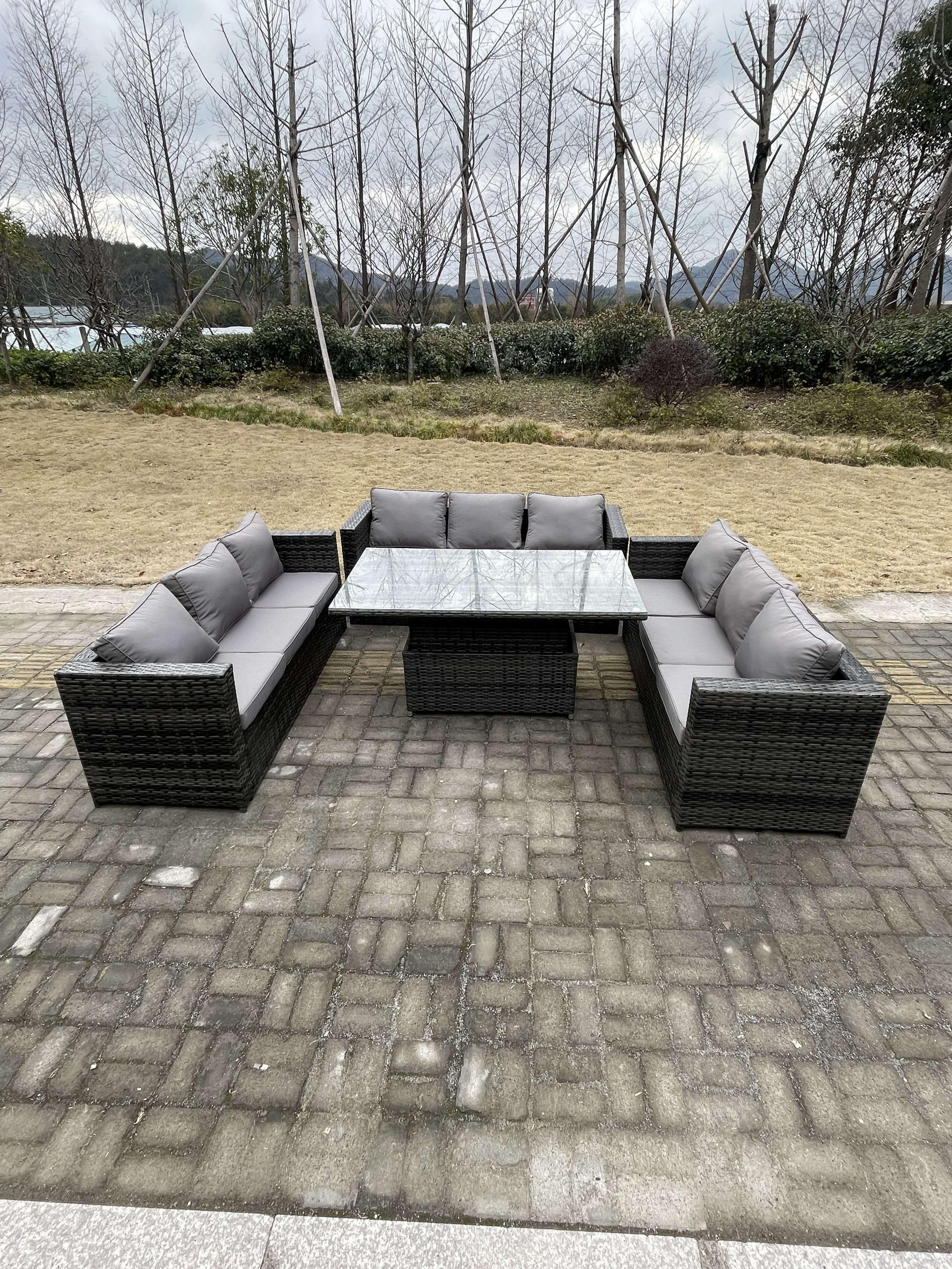 GARTENSET Polyrattan 9-Sitzer - Dunkelgrau/Grau, Glas/Kunststoff - Fimous