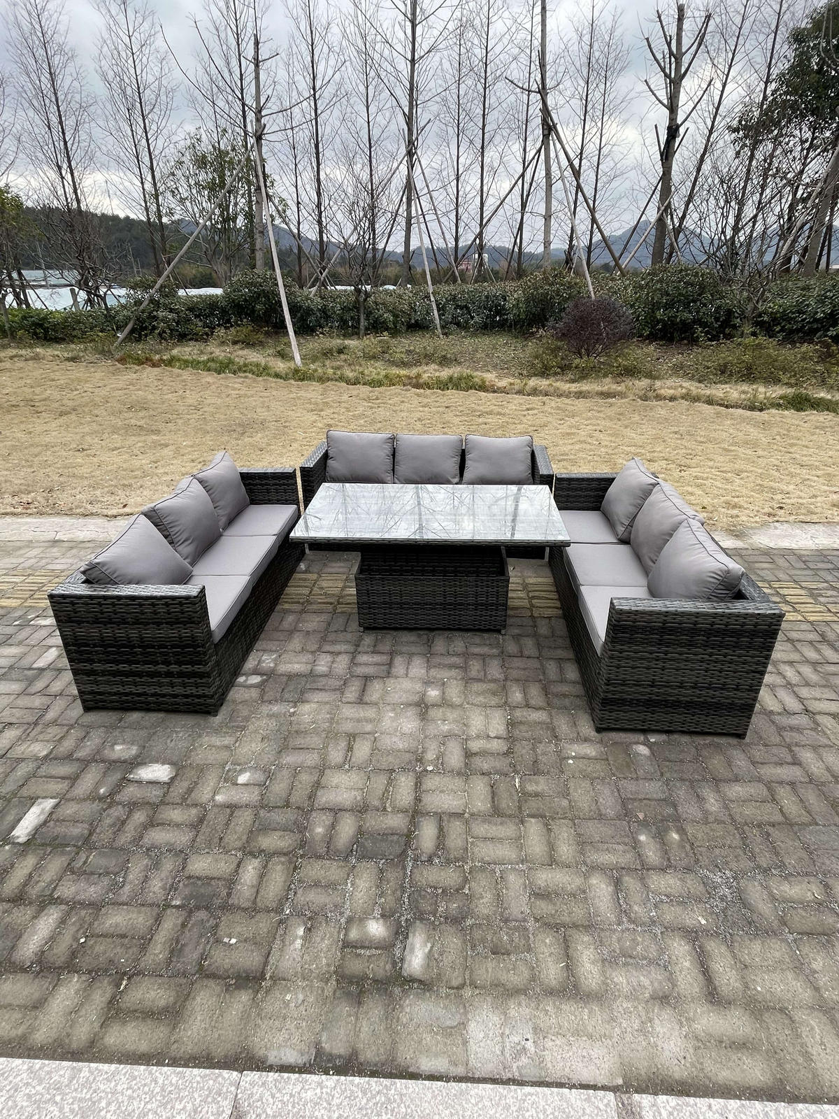 GARTENSET Polyrattan 9-Sitzer - Dunkelgrau/Grau, Glas/Kunststoff - Fimous