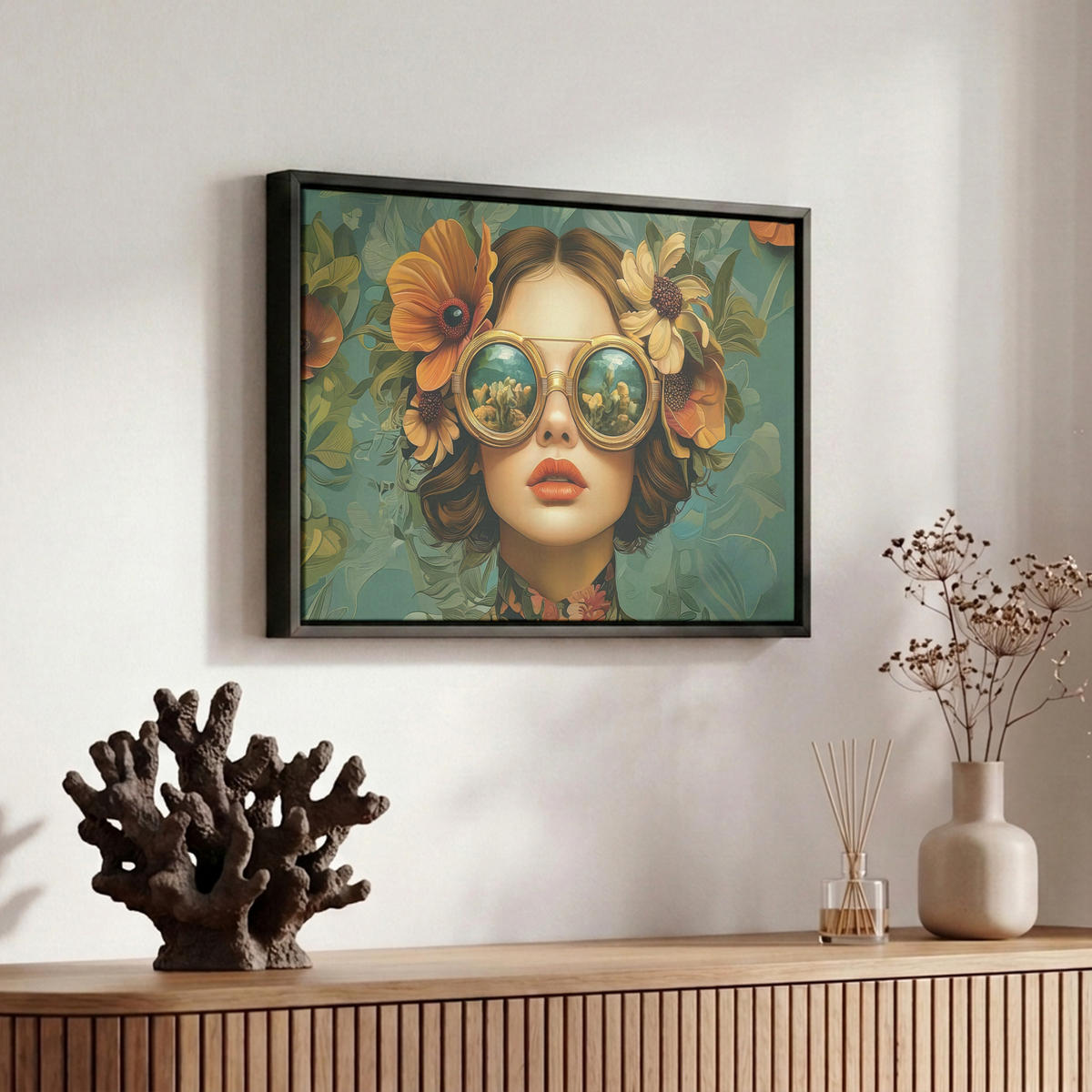 LEINWAND Bilder mit Rahmen - Frau - Blumen - Schmetterlinge - Natur - Vintage - 30x20 - Salbeigrün, Textil (30/20cm) - MuchoWow
