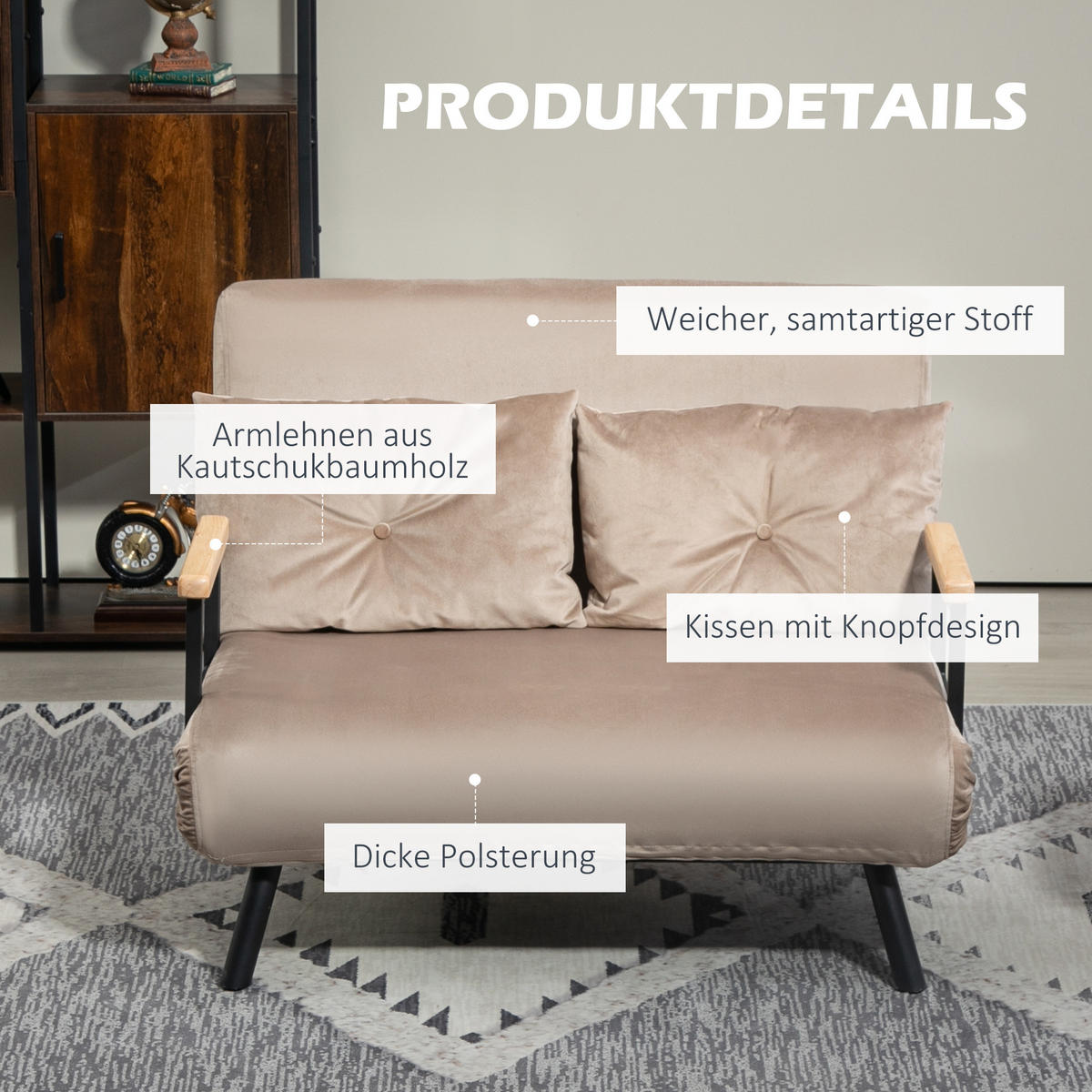 SCHLAFSOFA, Klappbett mit Bettfunktion, Verstellbarer Rückenlehne für Wohnzimmer - Hellbraun/Schwarz, Holz/Textil (73/81/102cm) - HOMCOM
