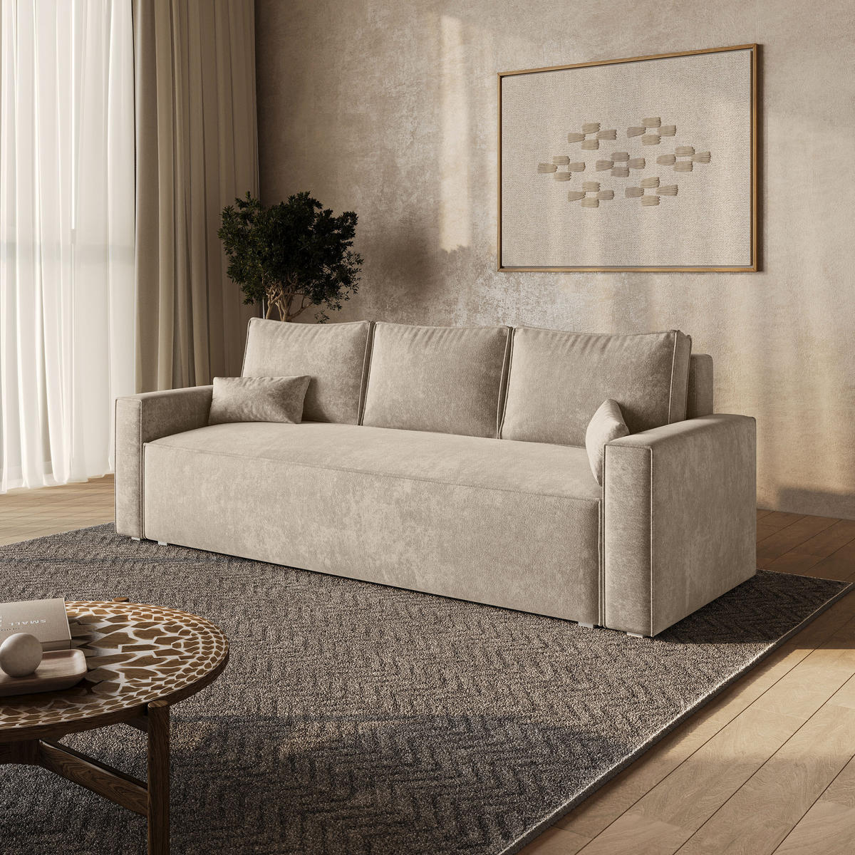 BETTSOFA MENI LM Creme Chenille-Stoff mit Schlaffunktion - Creme, Textil (232/85/87cm) - MASSENO