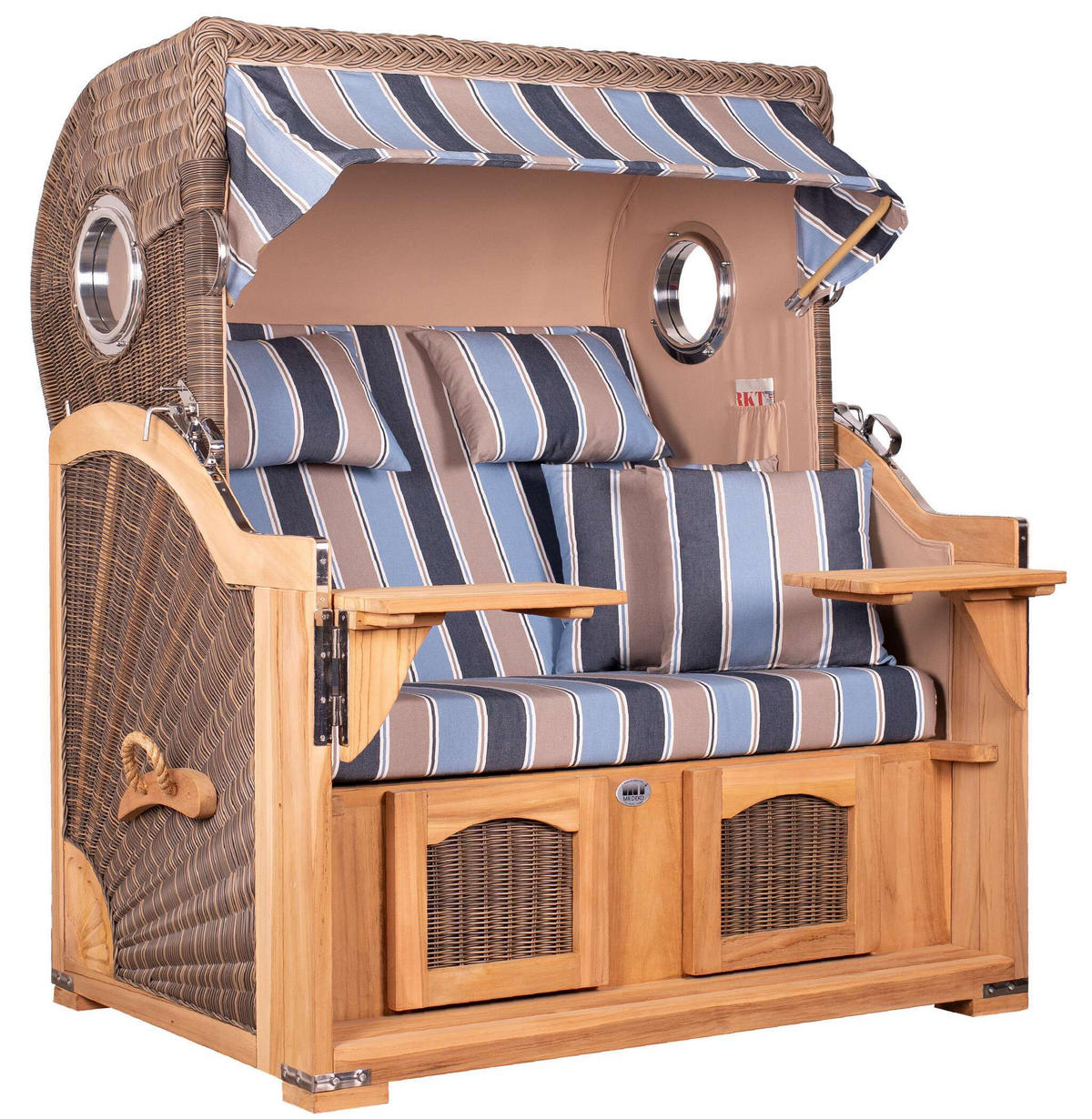 STRANDKORB Düne Grande Bullauge Teak PE Grey Dessin 580 - Blaugrau/Braun, Metall (142/170/95cm) - Mr. Deko