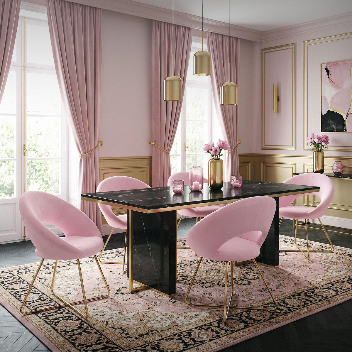STUHL Samt rose - Pink/Goldfarben, Metall (53/77/64cm) - ML-DESIGN