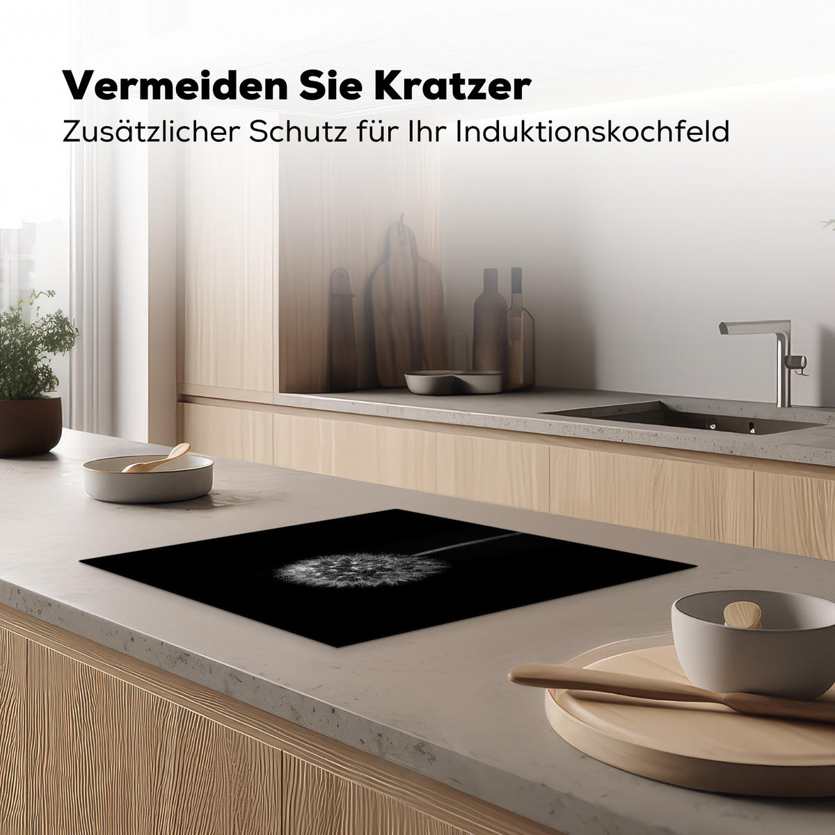 HERDABDECKPLATTE Löwenzahn - Schwarz - Floral - Botanisch 58x51 cm - Grau, Kunststoff (58.3/0.2/51.3cm) - MuchoWow