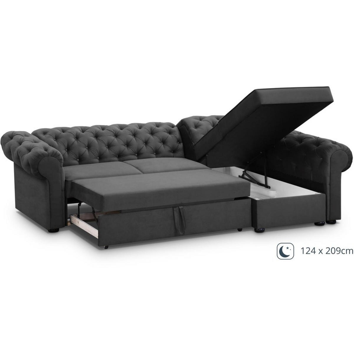 ECKSCHLAFSOFA Chester im Chesterfield-Stil, Grau, rechts - Schwarz/Grau, Textil (278/173cm) - Beautysofa