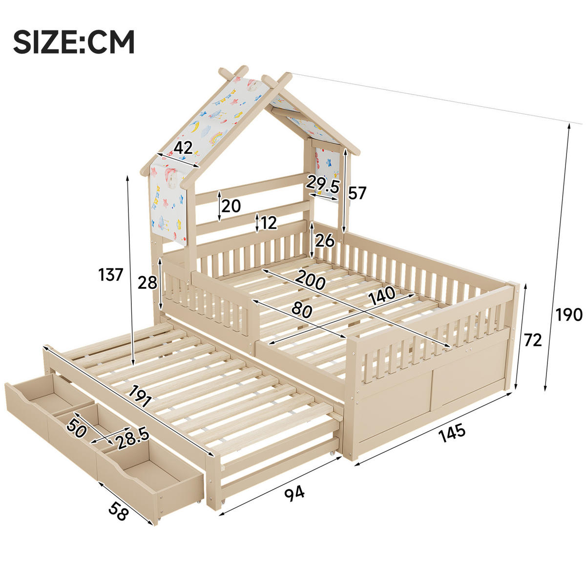 KREVET 140/200 cm u obliku kućice s izvlačnim ležajem, 3 ladice i sigurnosnom ogradicom, Krem - krem, drvni materijal (140/200cm) - Redom