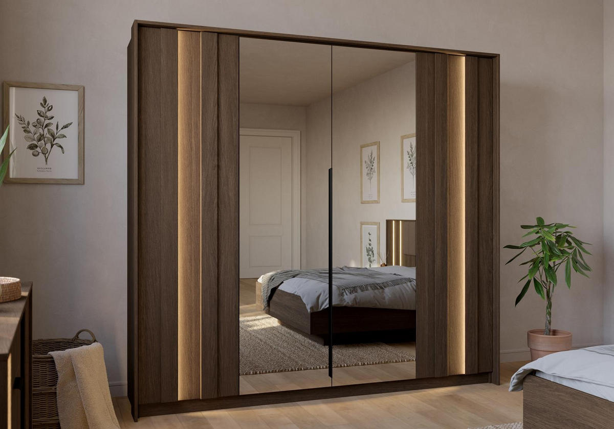 KLEIDERSCHRANK Faro, viertüriger mit Spiegel und LED - Eichefarben, Holzwerkstoff (223/210/60cm) - Bettso