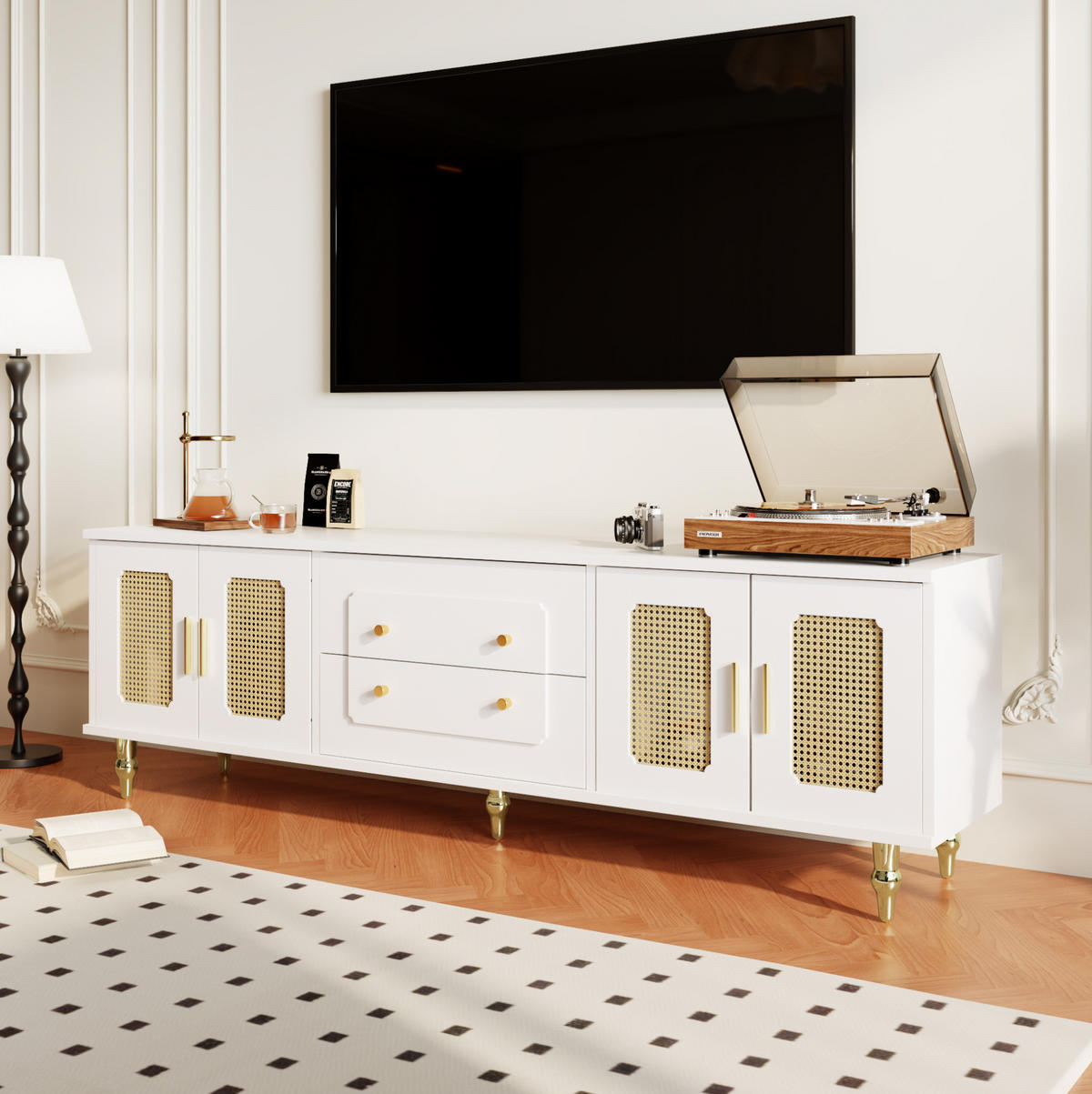 TV-LOWBOARD aus Spanplatte 175x38x55,5 cm Weiß mit PVC-Rattantüren und Push-to-Open-Schubladen - Weiß, Holzwerkstoff (175/55.5/38cm) - IVMEU