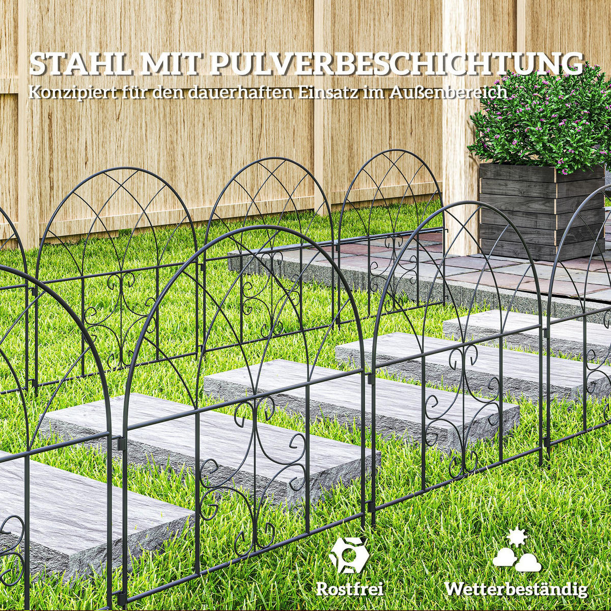GARTENZAUN Stahl 300 cm x 70 cm Schwarz - Schwarz, Metall (1/70cm) - Outsunny