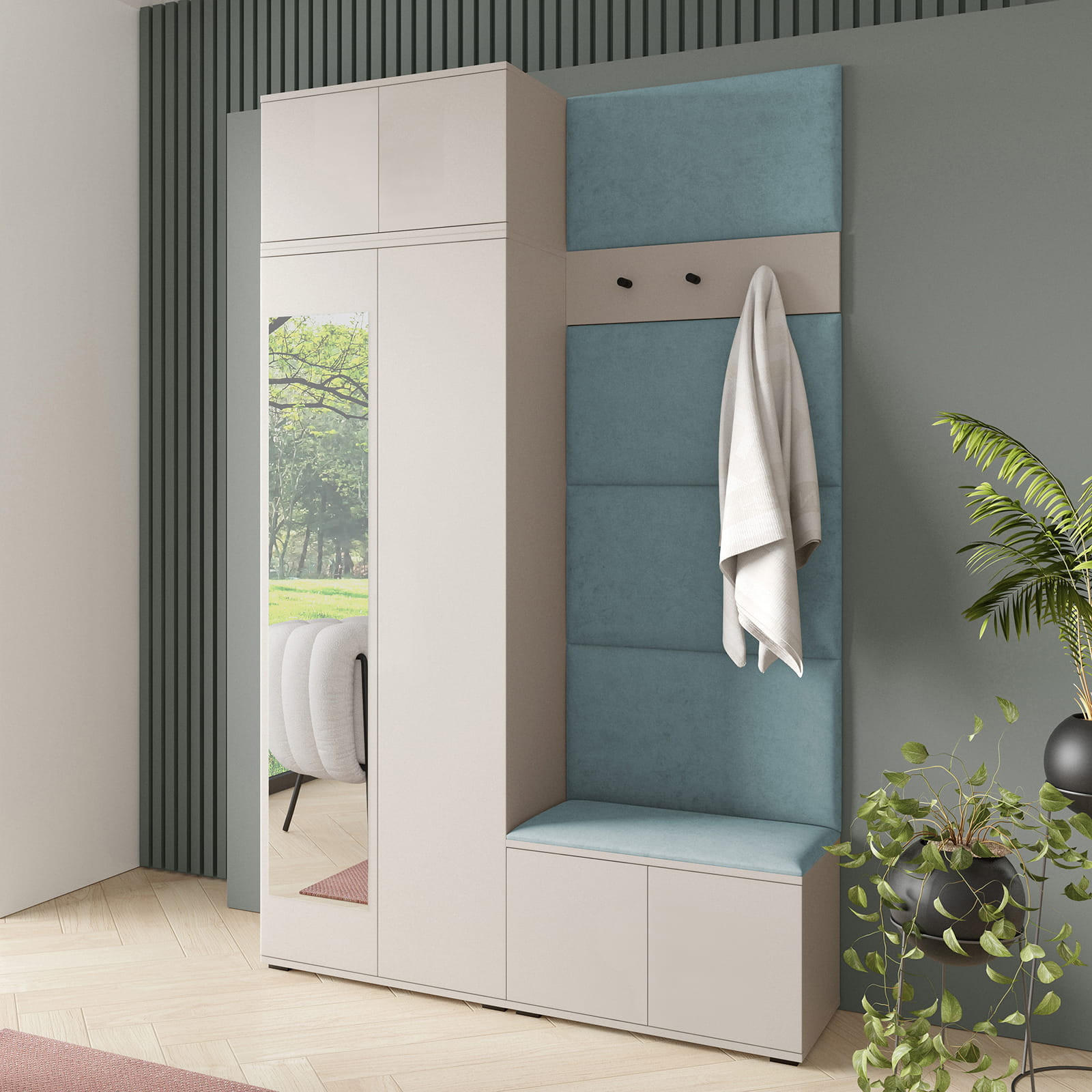GARDEROBE NAPOLI 4 mit POLSTERPANEELEN BLAU - Blau/Beige, Holzwerkstoff (140/229/40cm) - Jerpax
