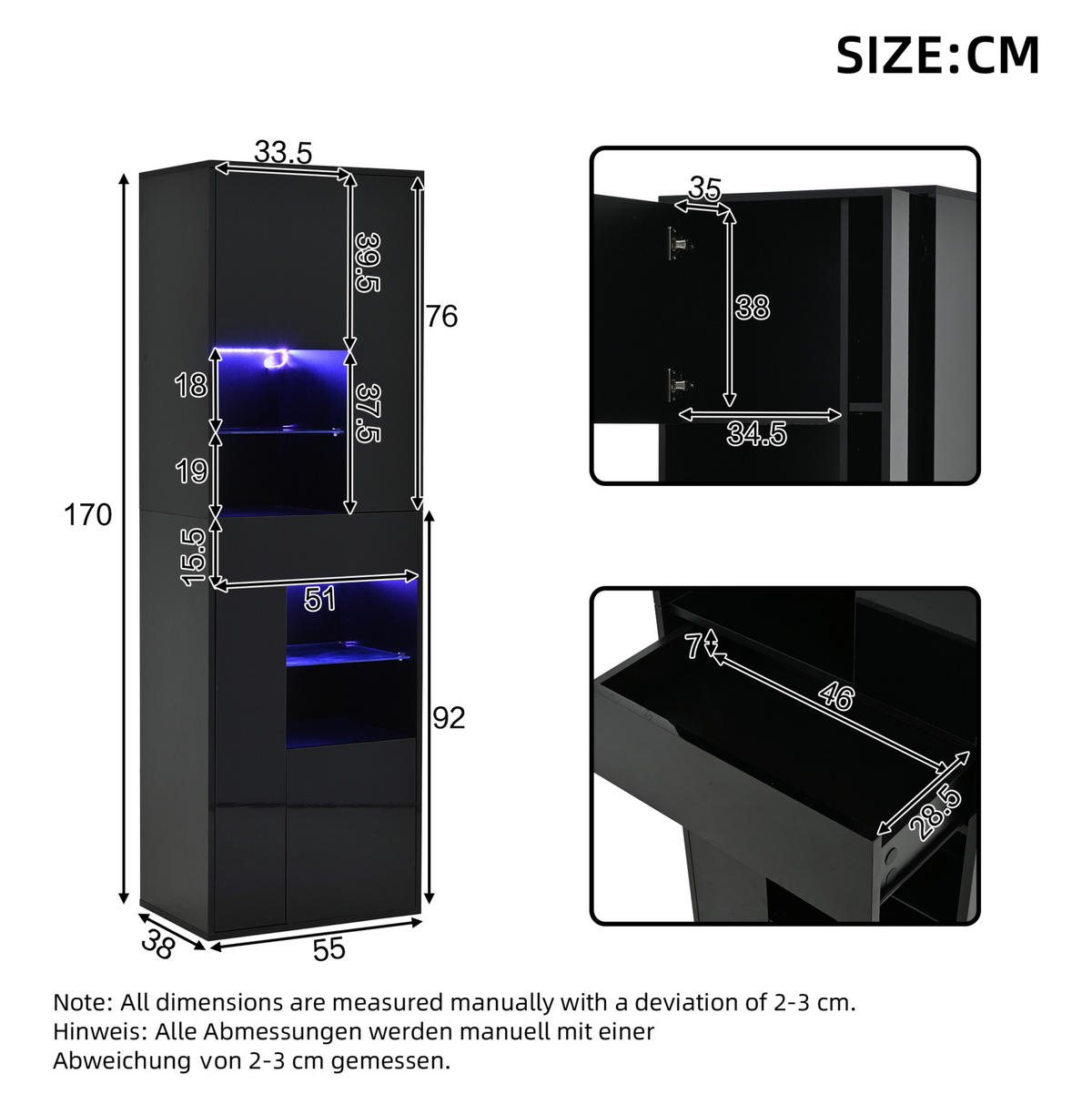 VITRINE 55/38/170 cm mit LED-Beleuchtung, Hochglanzfront und verstellbaren Einlegeböden, Schwarz - Schwarz, Holzwerkstoff (55/170/38cm) - Redom