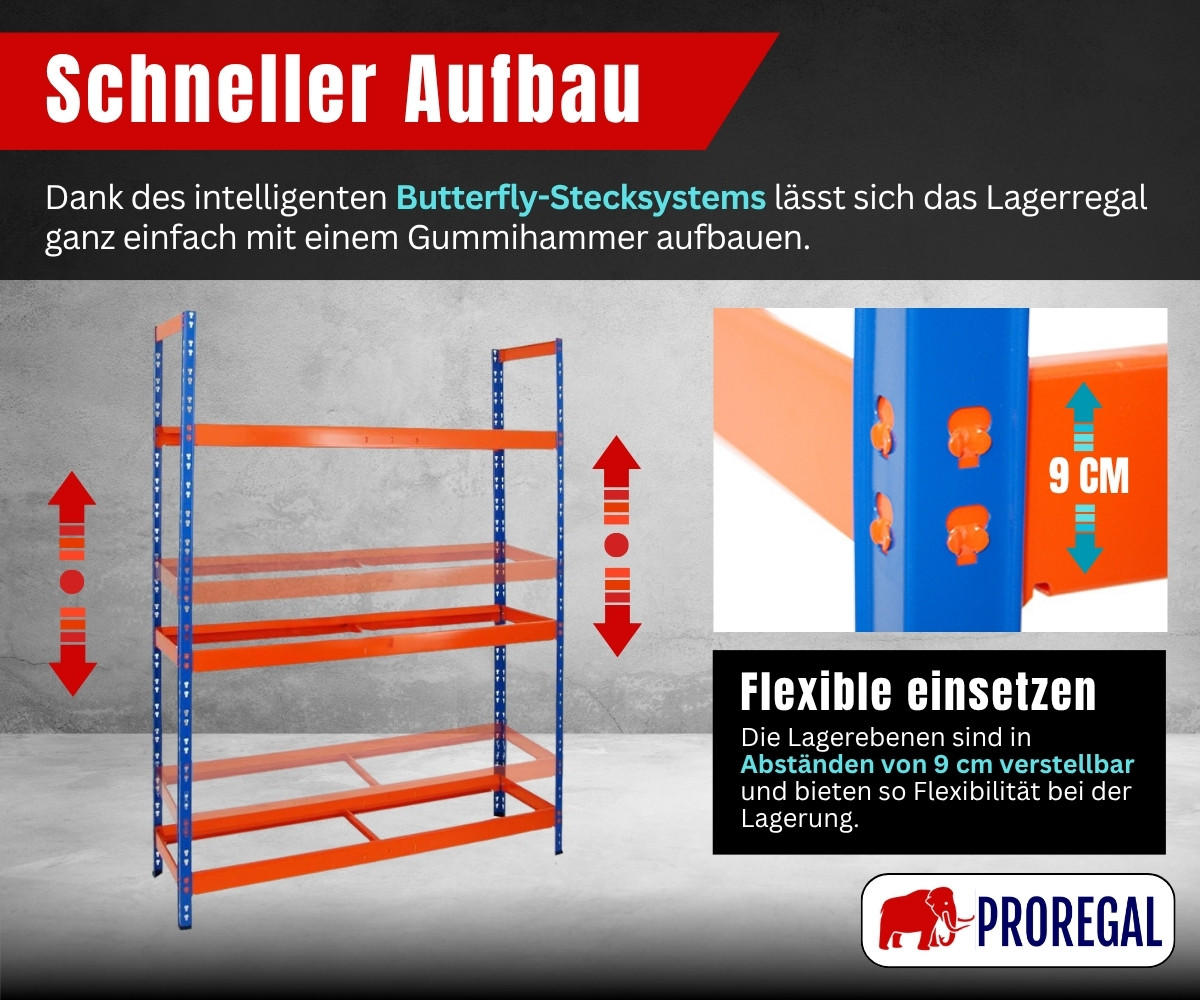 REIFENREGAL Tiger XL 200x150x45 cm 300 kg Fachlast bis zu 18 Reifen auf 3 Ebenen Blau/Orange - Blau/Orange, Metall (150/200/45cm) - PROREGAL