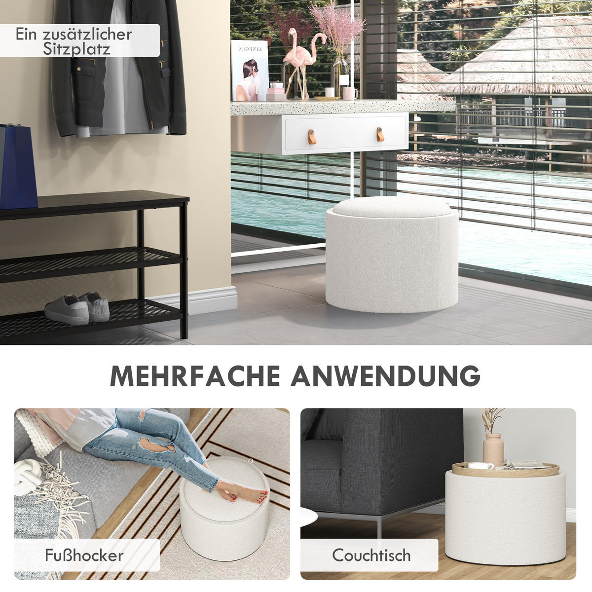 OTTOMANE Runder Sitzhocker Polsterhocker mit Stauraum, Klappdeckel, Creme - Creme, Textil (56/42/56cm) - HOMCOM