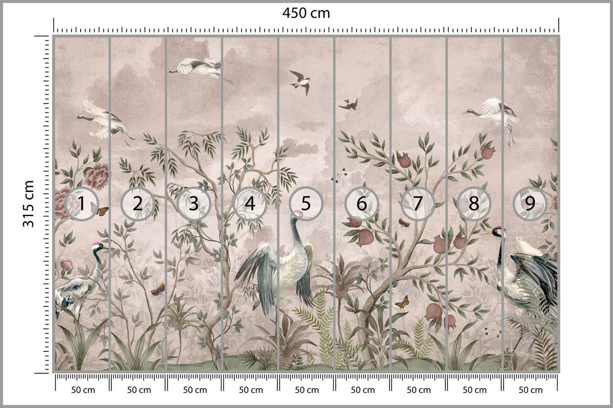 FOTOTAPETE für Schlafzimmer Kraniche Bäume Tropische Blumen Büsche 450x315 - Beige/Rot, Papier (450/315cm) - Muralo