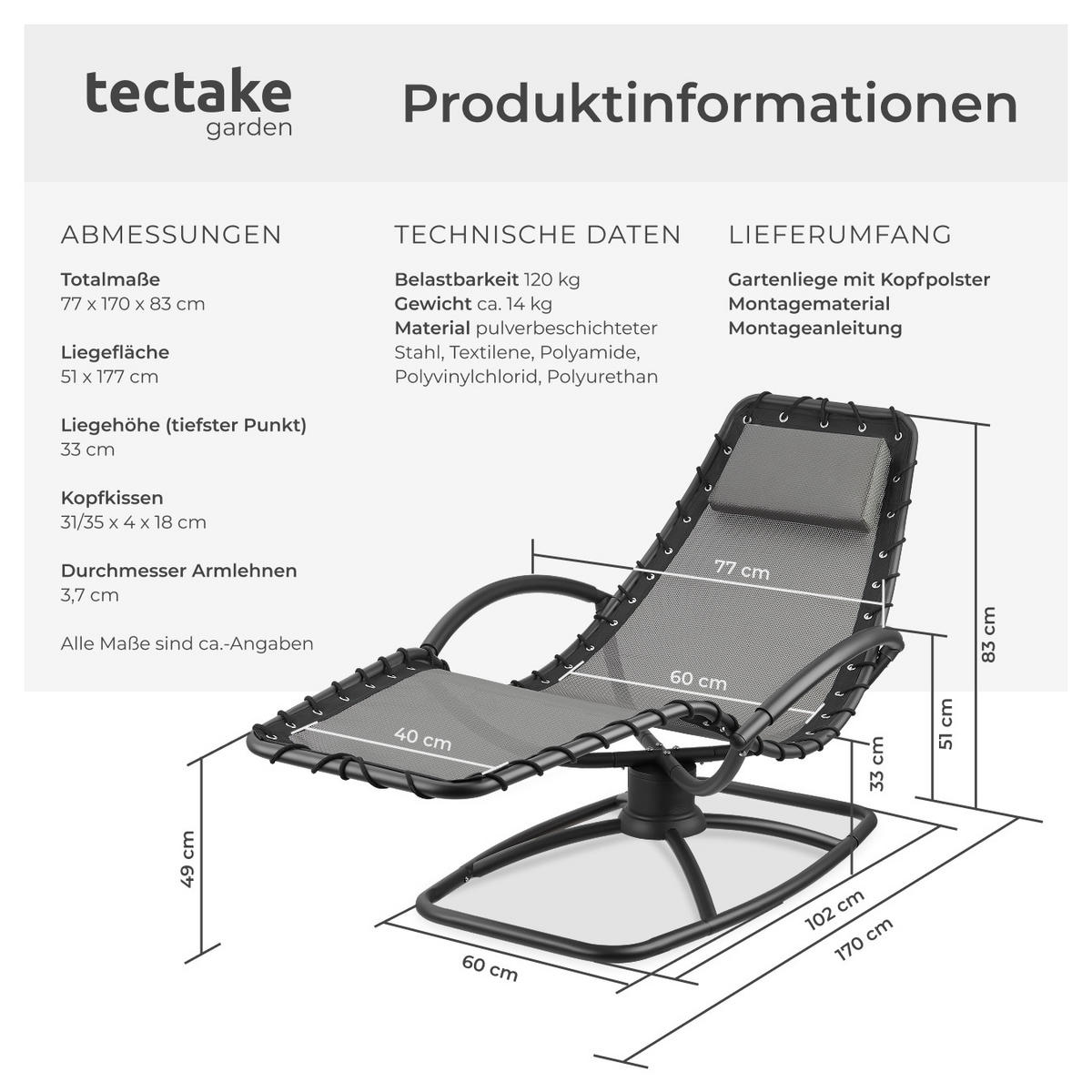 GARTENLIEGE Toulon,abnehmbares Kopfpolster,grau - Grau, Textil (77/83/170cm) - tectake