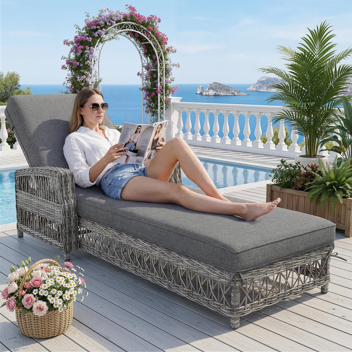 SONNENLIEGE Rattan Grau verstellbar Kissen wetterfest 1 Set - Grau, Metall (70/58/192cm) - FLIEKS
