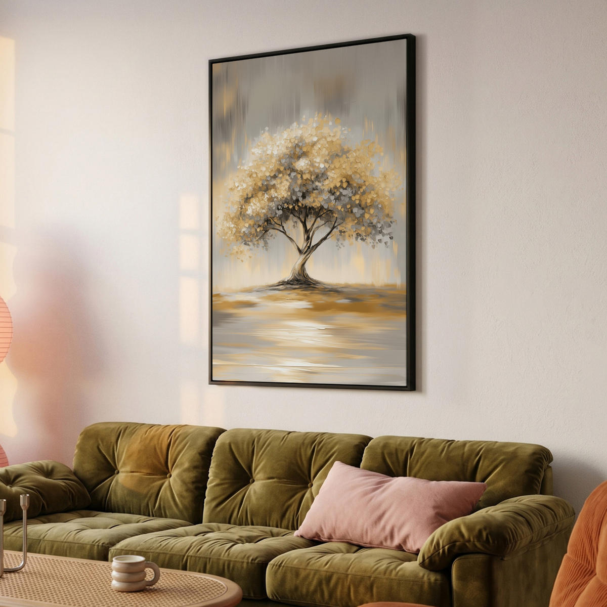 LEINWAND Bilder mit Rahmen - Gemälde - Baum - Abstrakt - Blätter - 90x140 - Beige, Textil (90/140cm) - MuchoWow