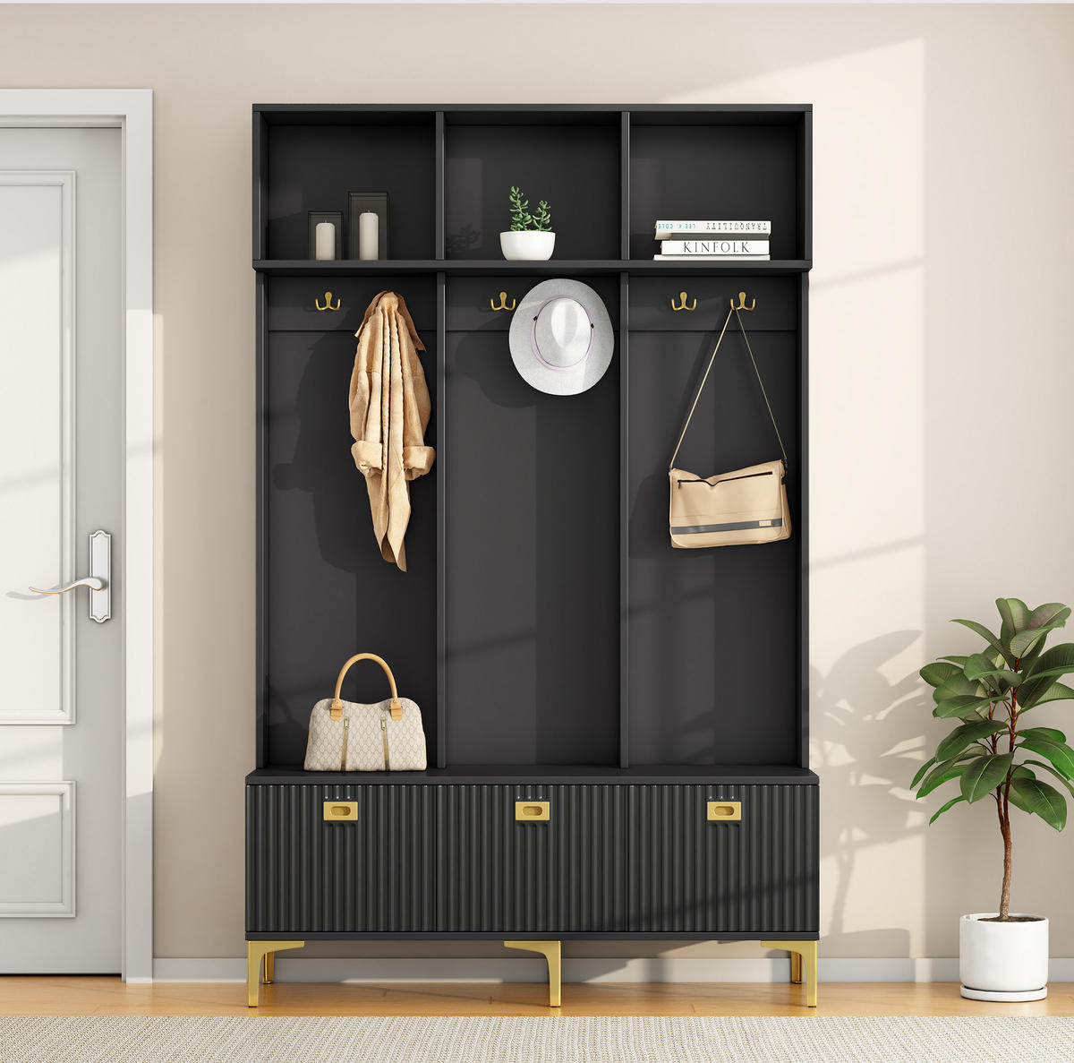 GARDEROBE 120/191,5/23,5 cm Schwarz aus Spanplatte mit Sitzbank - Schwarz, Holzwerkstoff (40/191/120cm) - OKMYHOME