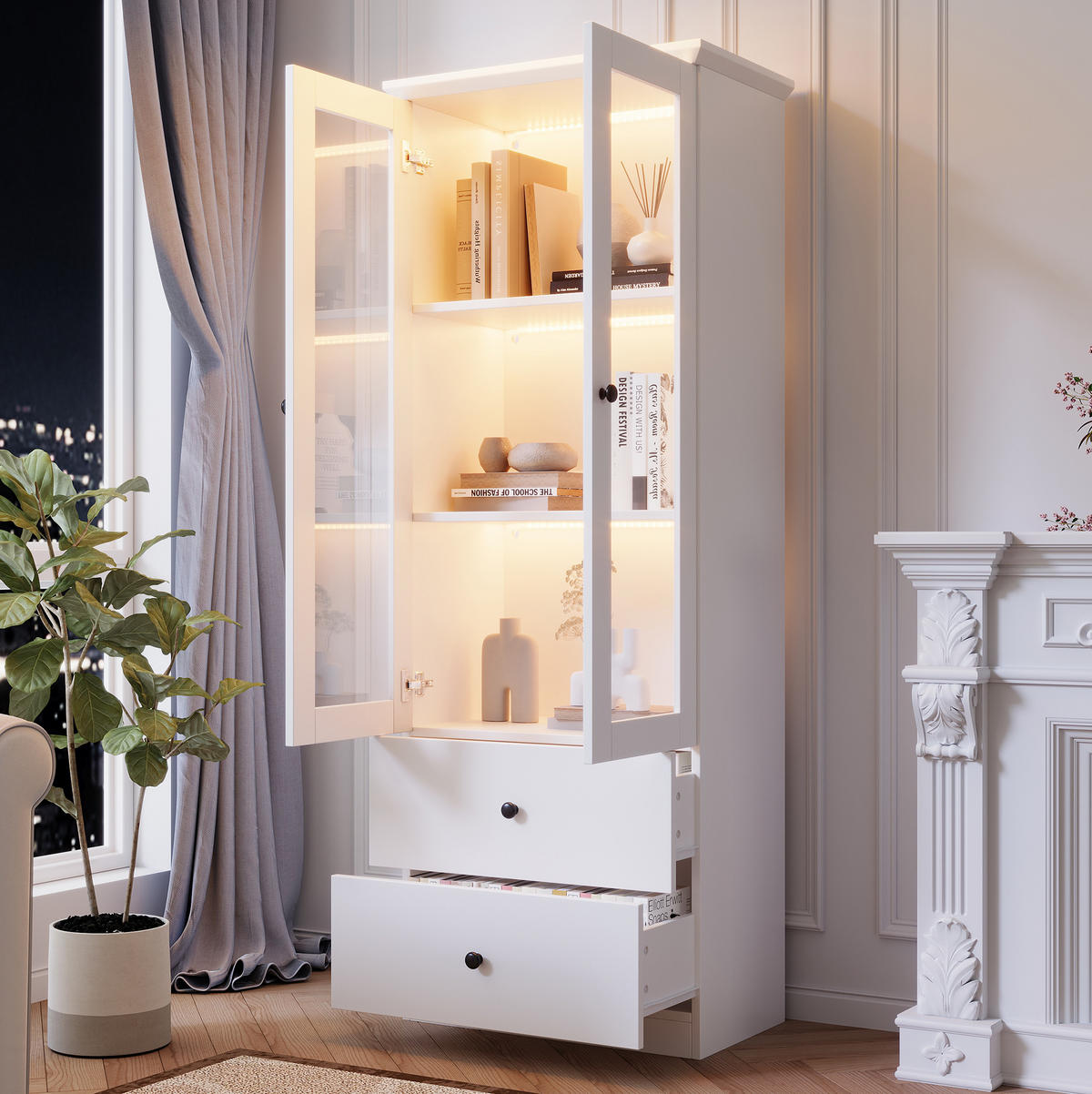 VITRÍNA 60/35,5/165 cm bílá z MDF a dřevotřískové desky s LED osvětlením a USB připojením - bílá, kompozitní dřevo (60/165/35.5cm) - OKWISH