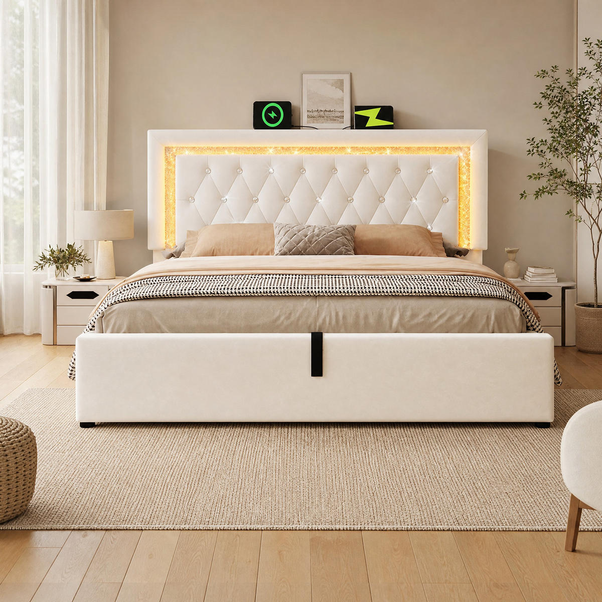 POLSTERBETT 160/200 mit Bettkasten, LED und USB in Beige - Beige, Holzwerkstoff/Textil (160/200cm) - EVRYAE