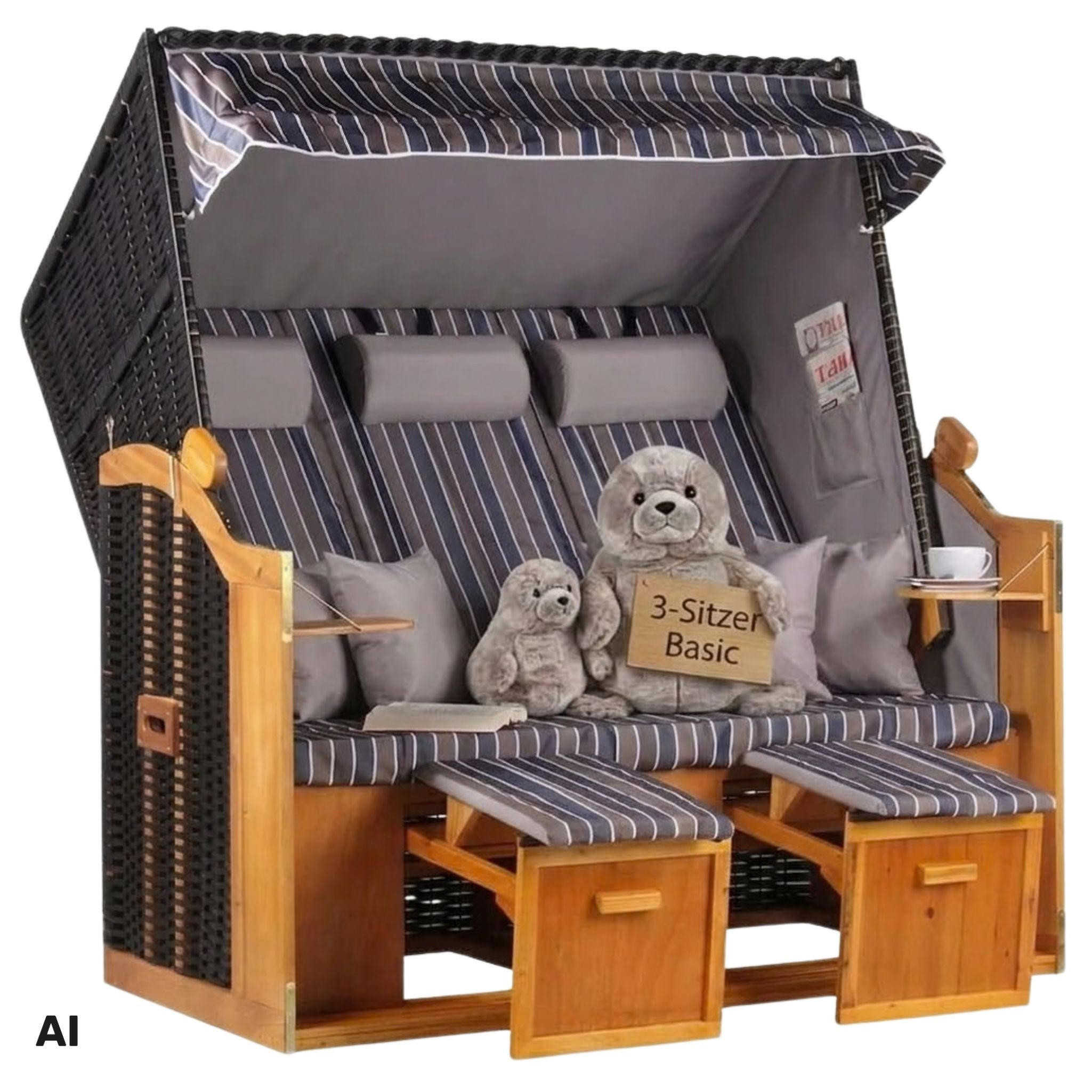STRANDKORB XXL Ostsee 3Sitzer PE Schwarz - Schwarz/Braun, Metall (160/160/80cm) - Mr. Deko