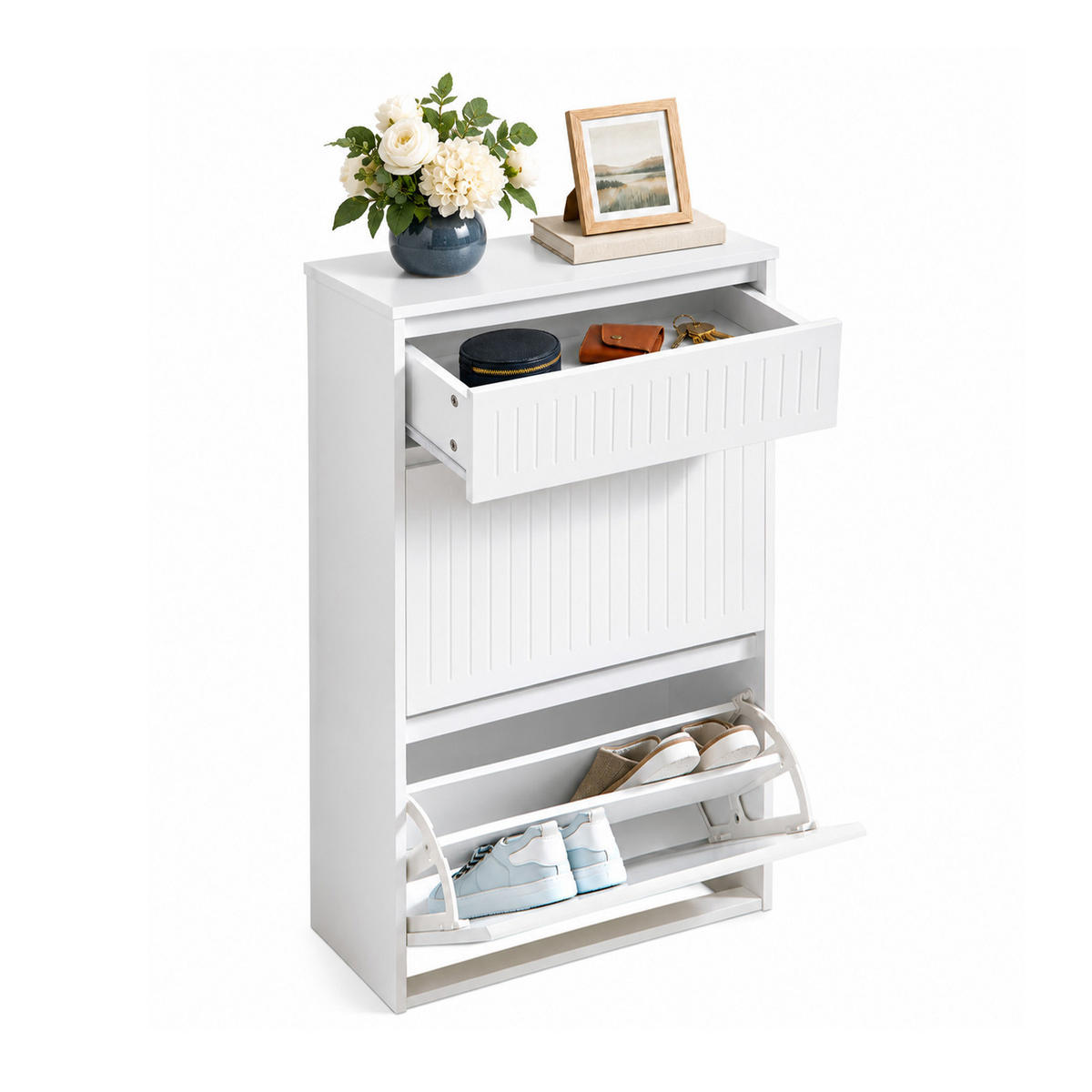 SCHUHSCHRANK Weiß mit Schublade, 2 Klappen, 10 Paar bis EU 46, 26 cm tief, für schmale Flure - Weiß, Holzwerkstoff (61/100/26cm) - SoBuy