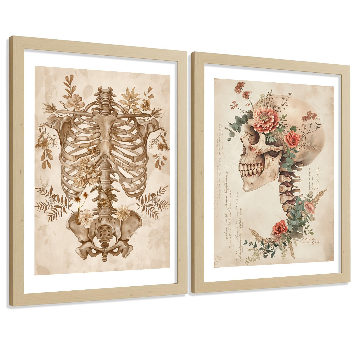 POSTER Set aus 2 Anatomie Mensch Drucke und Wandbilder mit Skelett Schädel Wirbelsäule Rippen Becken Klassischer Stil Größe Rahmenlos A4 - Klar, Papier (21/29.7/3cm) - Nacnic
