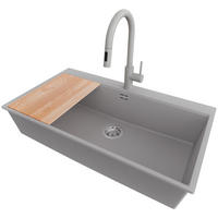 GRANITSPÜLE Oslo, 2-er set Grau 88/50 cm 1 Becken + Küchenarmatur 40/20 cm + Ablauf-Set + Schneidebrett ab 90er Unterschrank - Chromfarben/Beige, Kunststoff (88/20/50cm) - Primagran