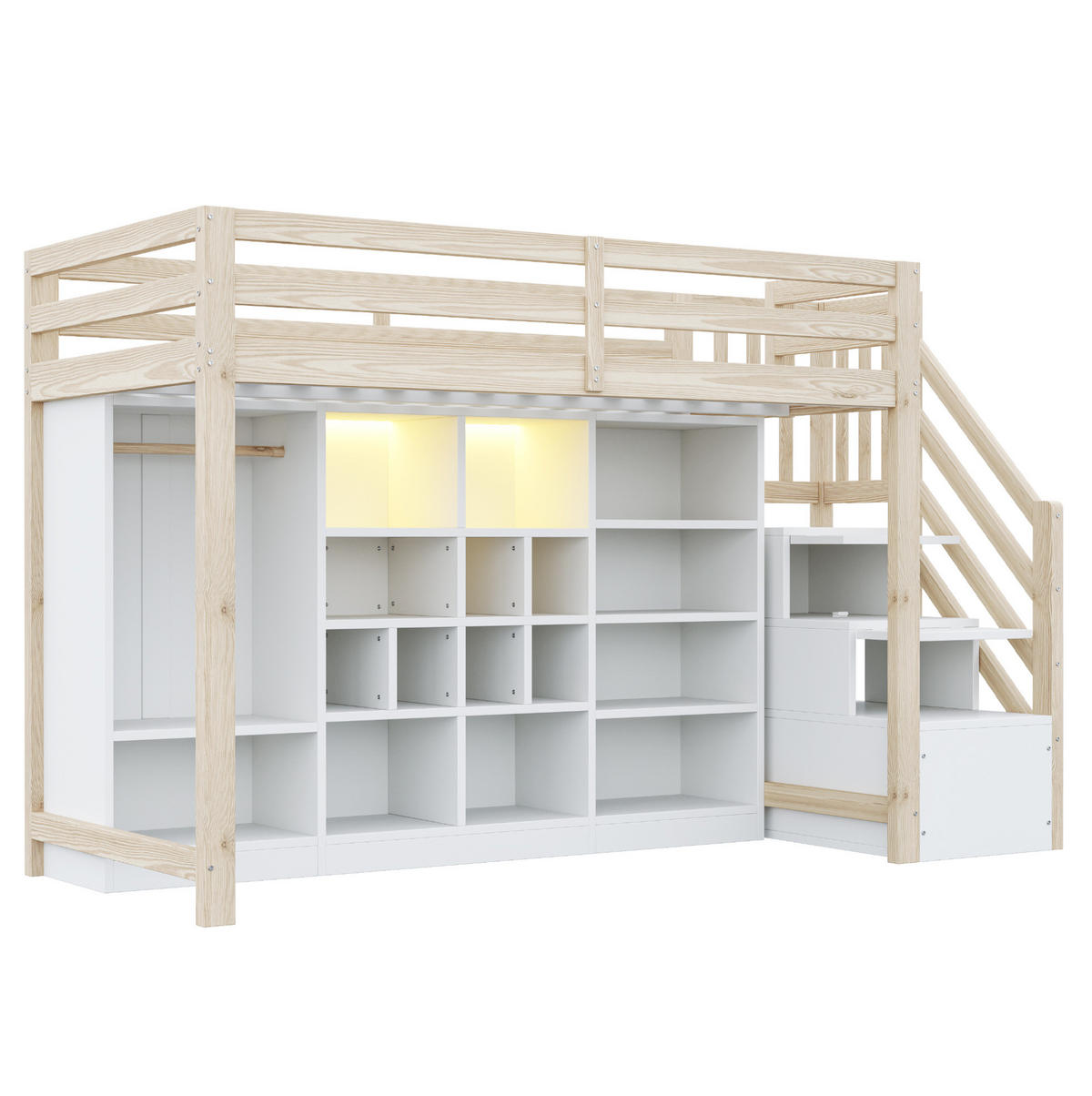HOCHBETT 90/200 cm mit LED-Beleuchtung, Stauraumfächern und Kleiderschrank, Natur /Weiß - Naturfarben, Holzwerkstoff (90/200cm) - Redom