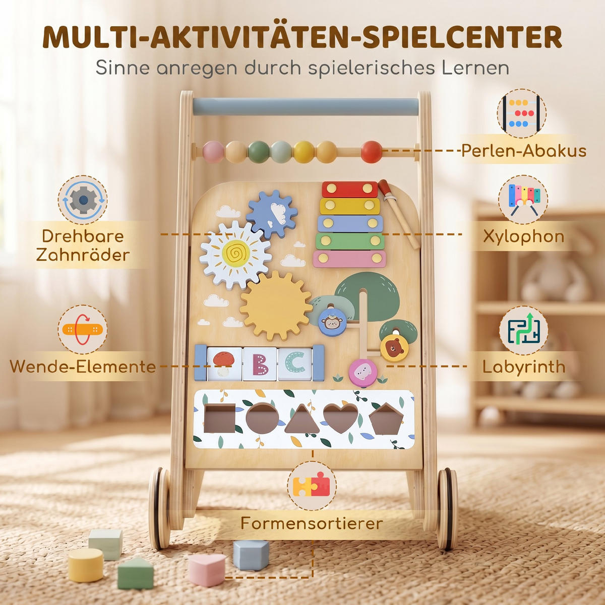 BABY-LAUFLERNWAGEN Mehrschichtplatte Kautschukholz Naturholz Weiß - Naturfarben, Holz (32.4/46/34.5cm) - AIYAPLAY