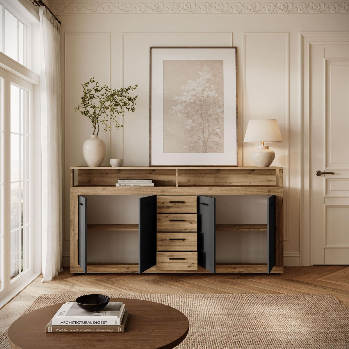 KOMMODE ROMANO mit Schubladen - Schwarz/Eiche Artisan, Holzwerkstoff (190/96/32cm) - Lookway