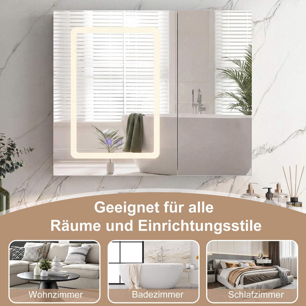 SPIEGELSCHRANK Weiß 70x60cm mit 3 Lichtfarben & Antibeschlag - Weiß, Glas (70/60/13.5cm) - SHOPENTRA