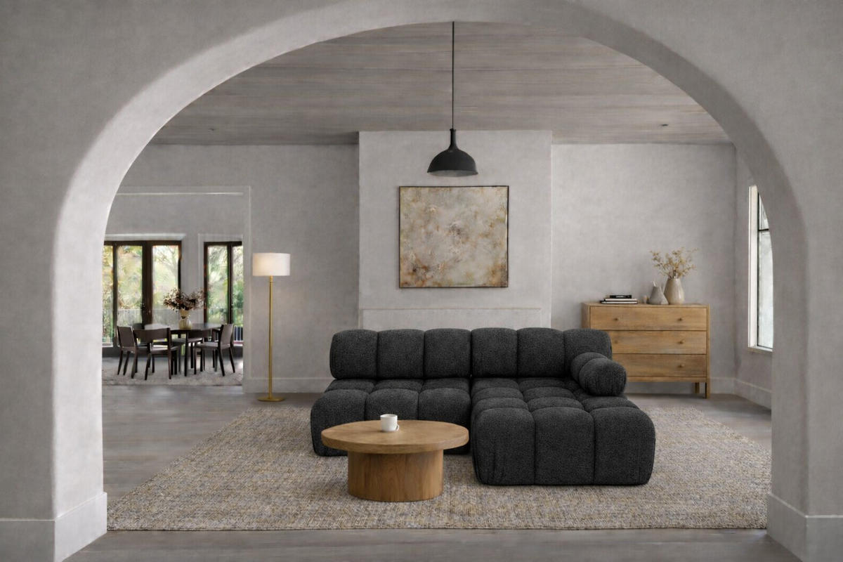 ECKSOFA L-Form Mini II Modular, Bouclé-Stoff Abriamo, Graphit, Rechts, Selia - Graphitfarben, Holz (190/160cm) - Kaiser Möbel